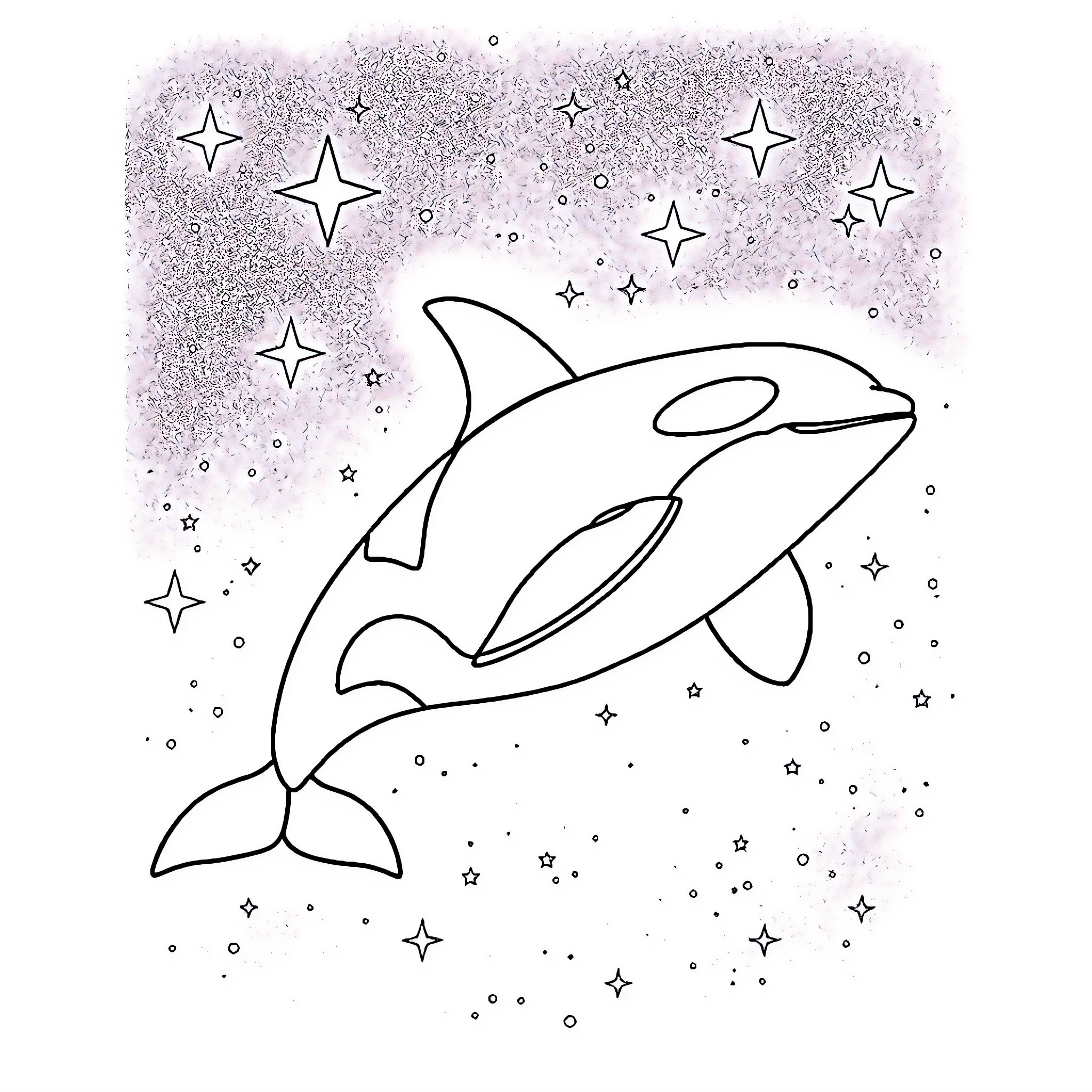 Orca swimming amongst the stars Coloring Page (free black-and-white line drawing printable PDF for all, from beginners to advanced learners, including children, teens, adults, and seniors)