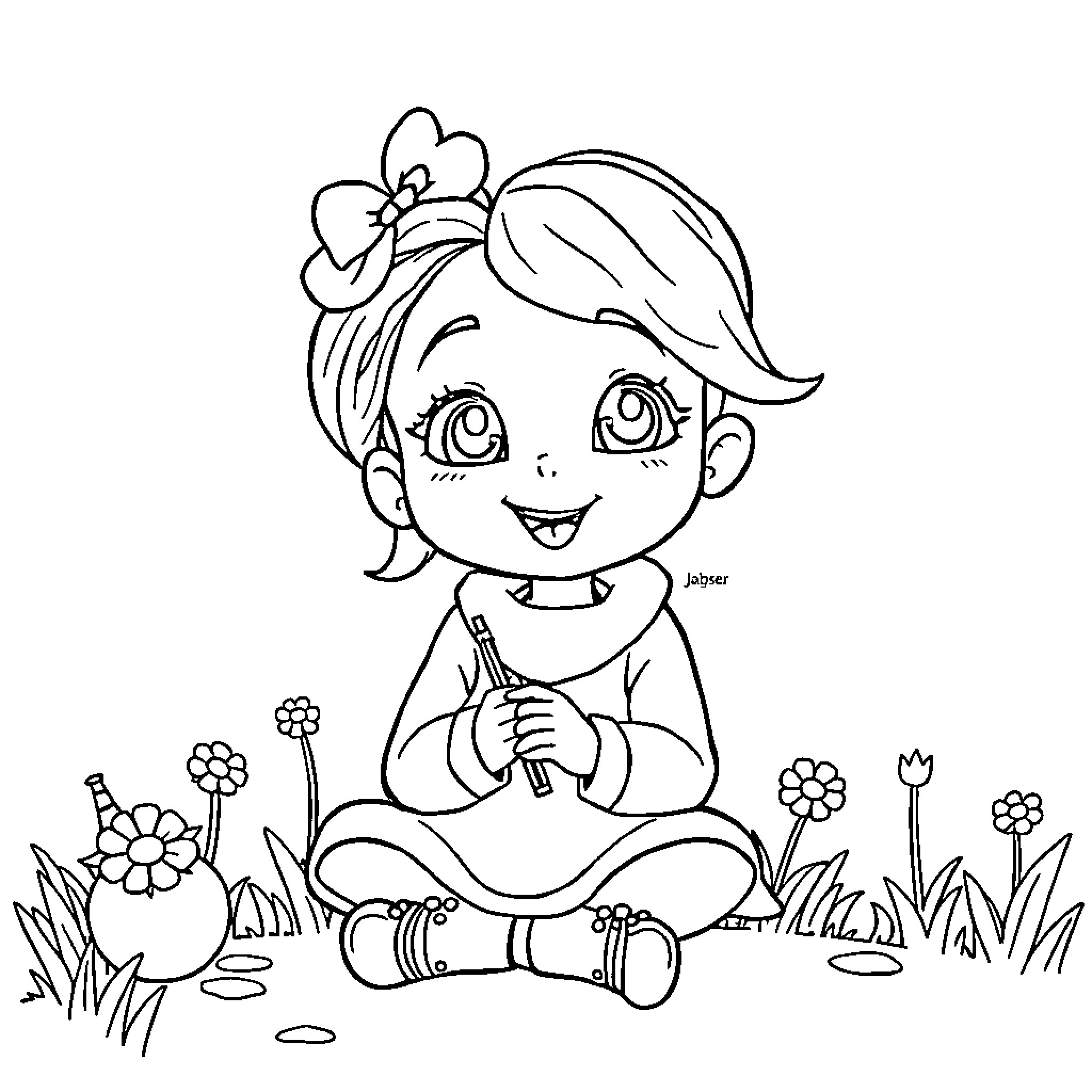 Jaiden enjoying nature and flowers Coloring Page (free black-and-white line drawing printable PDF for all, from beginners to advanced learners, including children, teens, adults, and seniors)