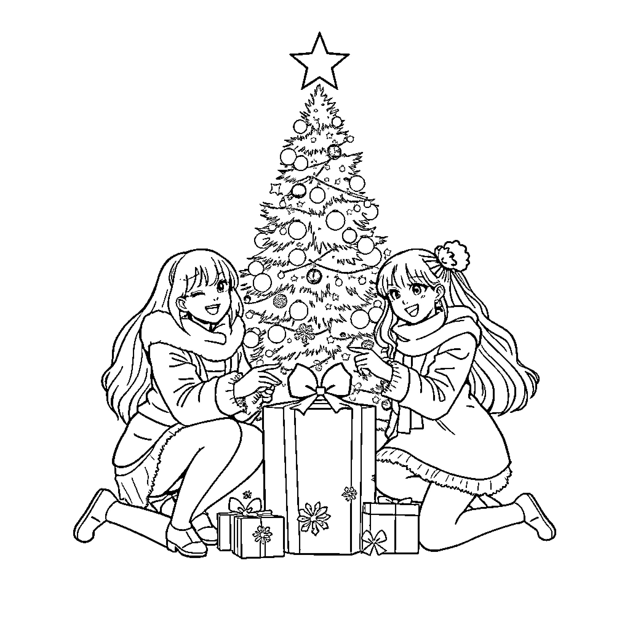 K-Pop Warriors Celebrate Christmas with Joy Coloring Page (free black-and-white line drawing printable PDF for all, from beginners to advanced learners, including children, teens, adults, and seniors)