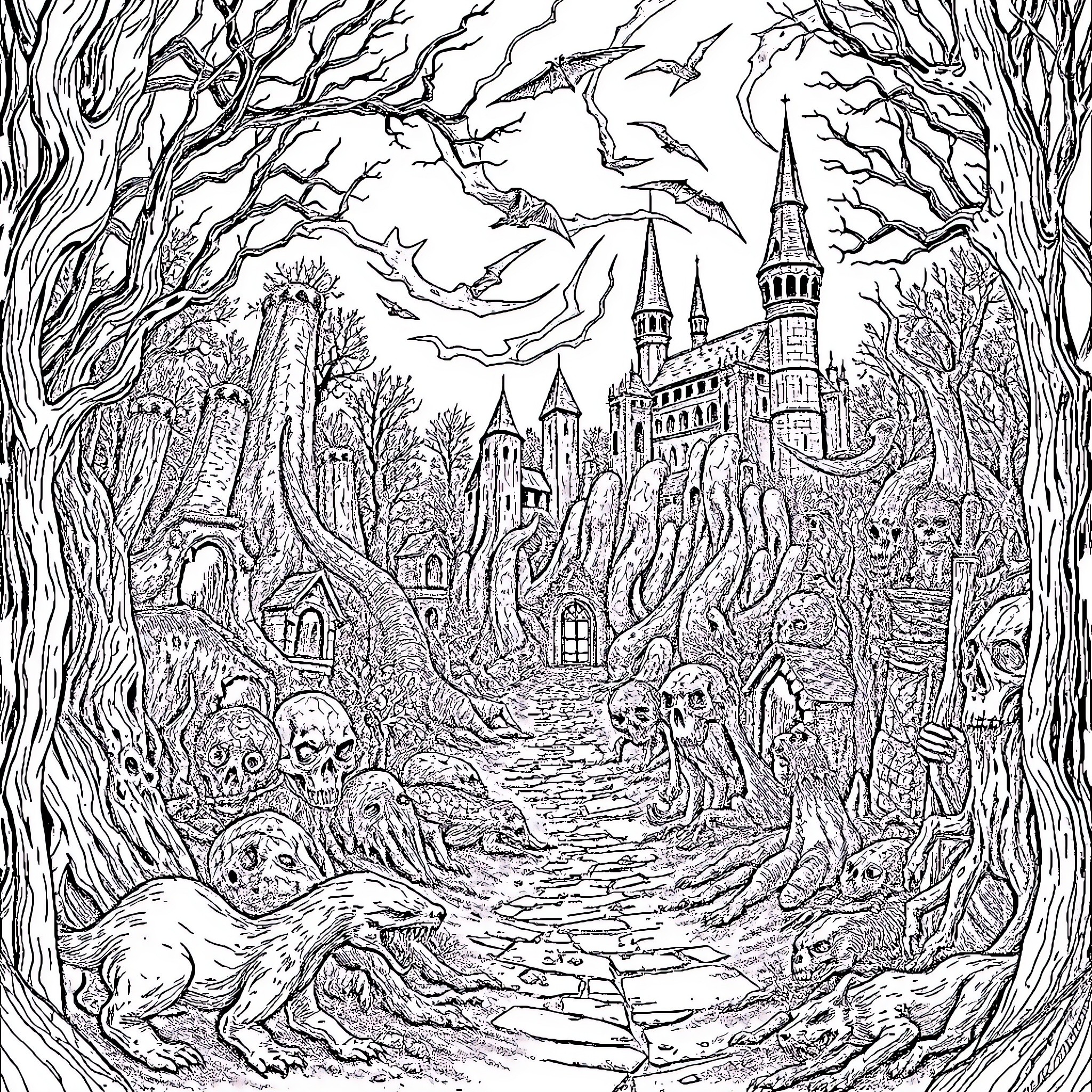 Fantasy Haunting Castle Amid Spooky Landscape Coloring Page (free black-and-white line drawing printable PDF for all, from beginners to advanced learners, including children, teens, adults, and seniors)