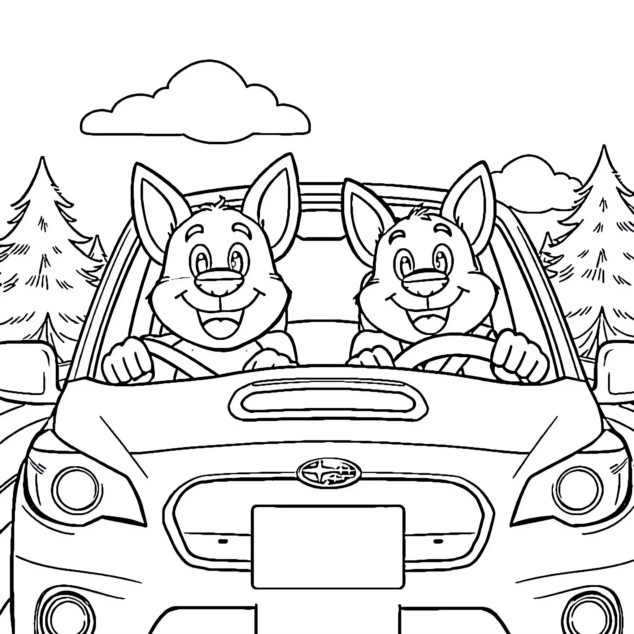 Bluey and sibling enjoy joyful drive through countryside Coloring Page (free black-and-white line drawing printable PDF for all, from beginners to advanced learners, including children, teens, adults, and seniors)
