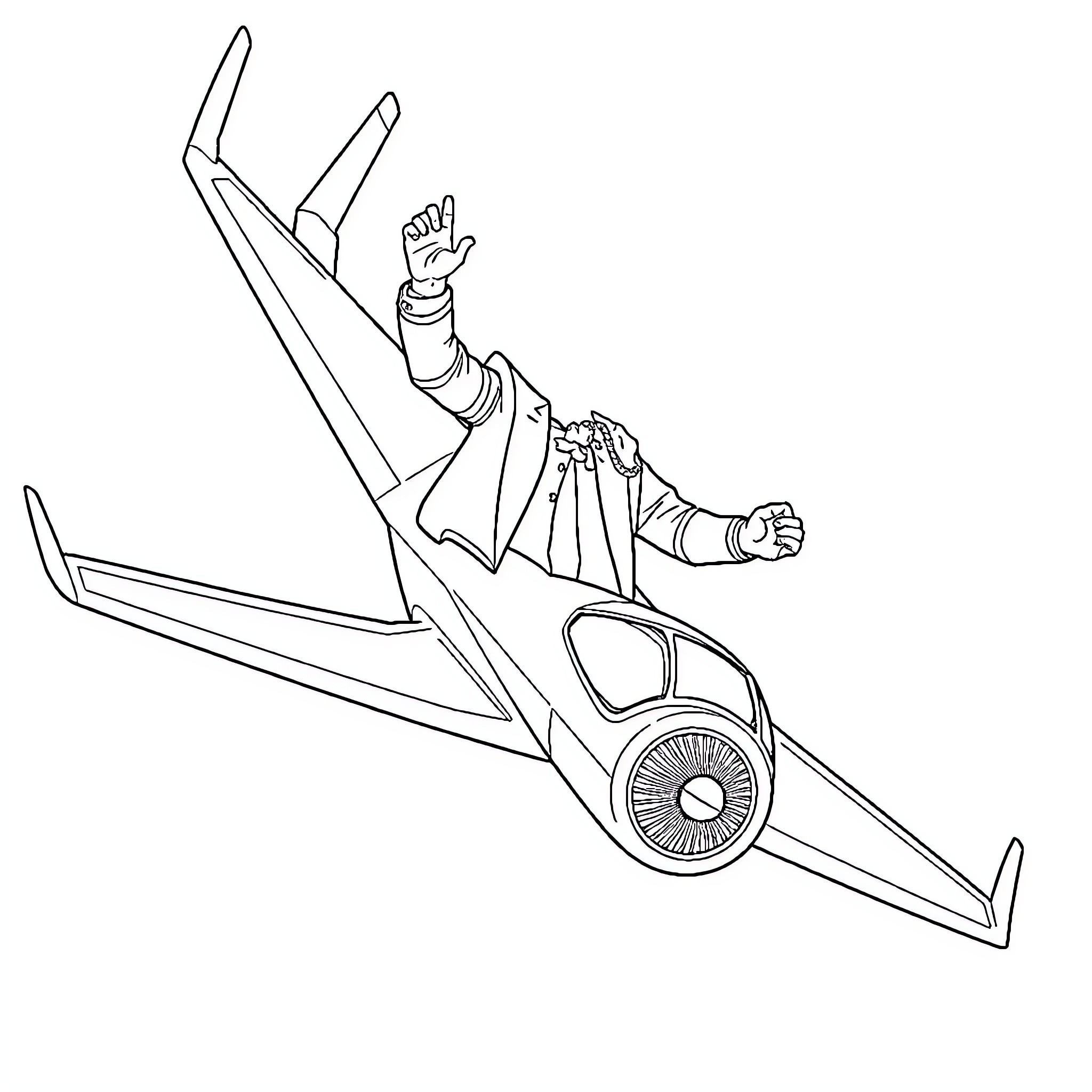 Trump riding futuristic vehicle with arms raised Coloring Page (free black-and-white line drawing printable PDF for all, from beginners to advanced learners, including children, teens, adults, and seniors)