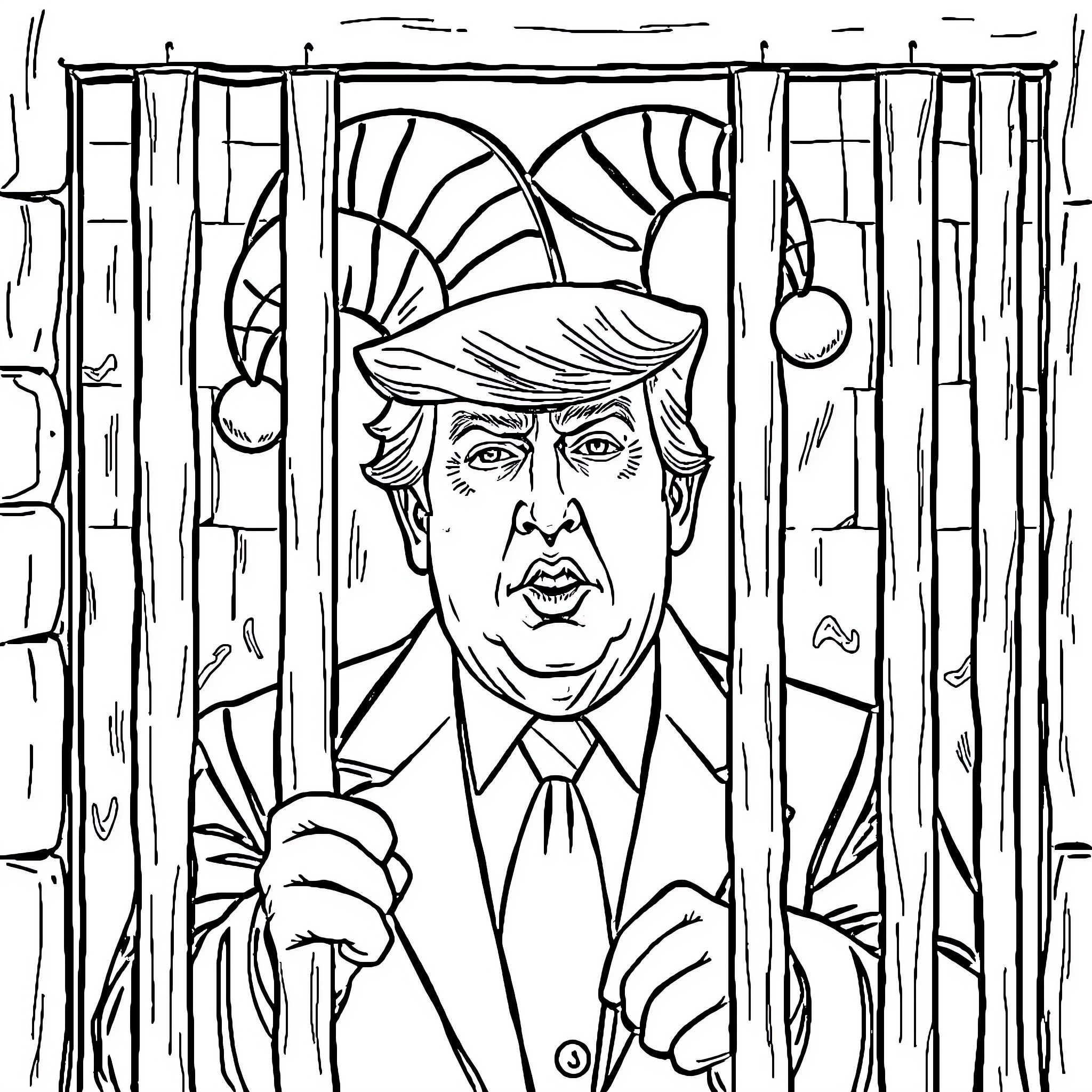 Trump behind Bars in Chaotic Scene Coloring Page (free black-and-white line drawing printable PDF for all, from beginners to advanced learners, including children, teens, adults, and seniors)