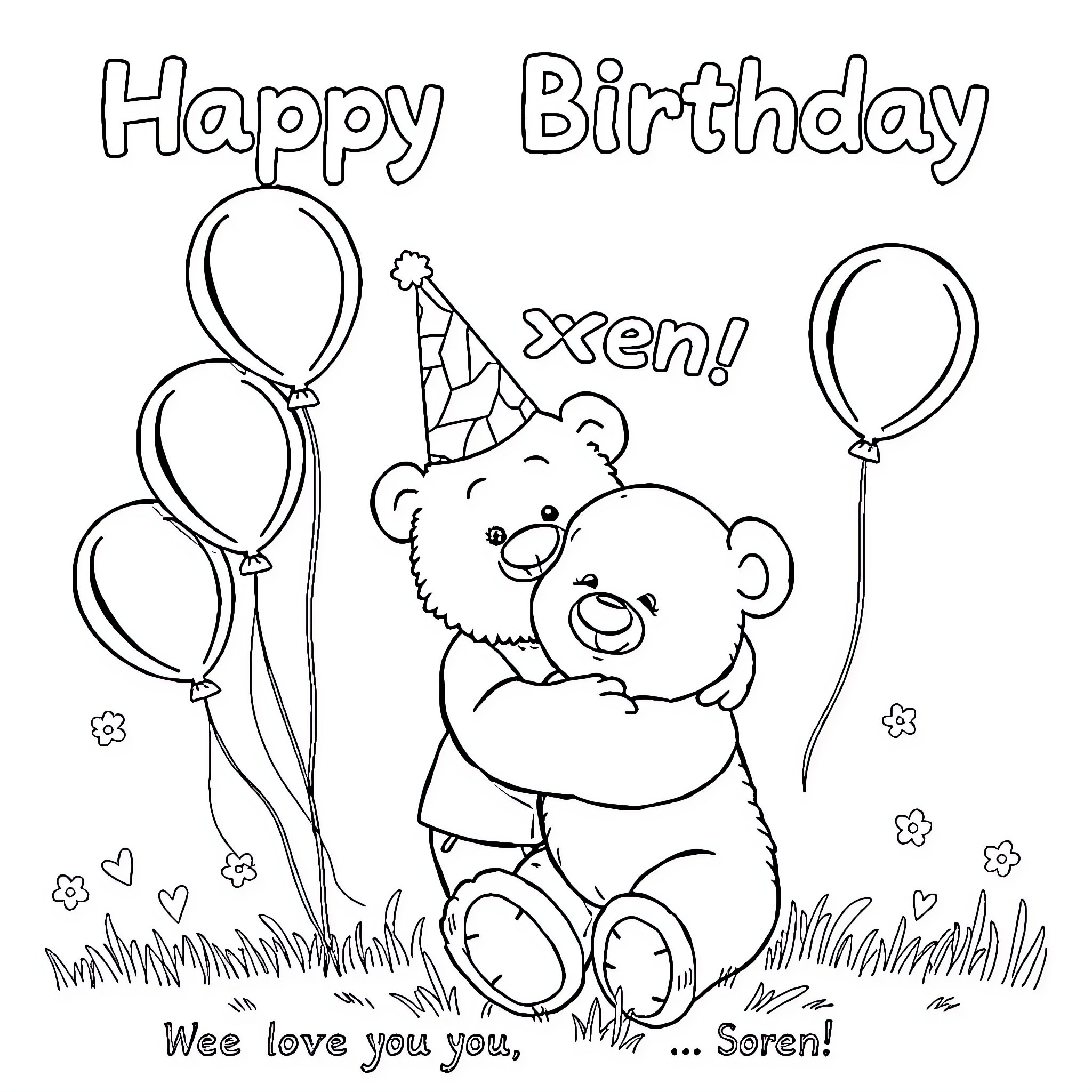 Teddy Bears Celebrating a Birthday Coloring Page (free black-and-white line drawing printable PDF for all, from beginners to advanced learners, including children, teens, adults, and seniors)