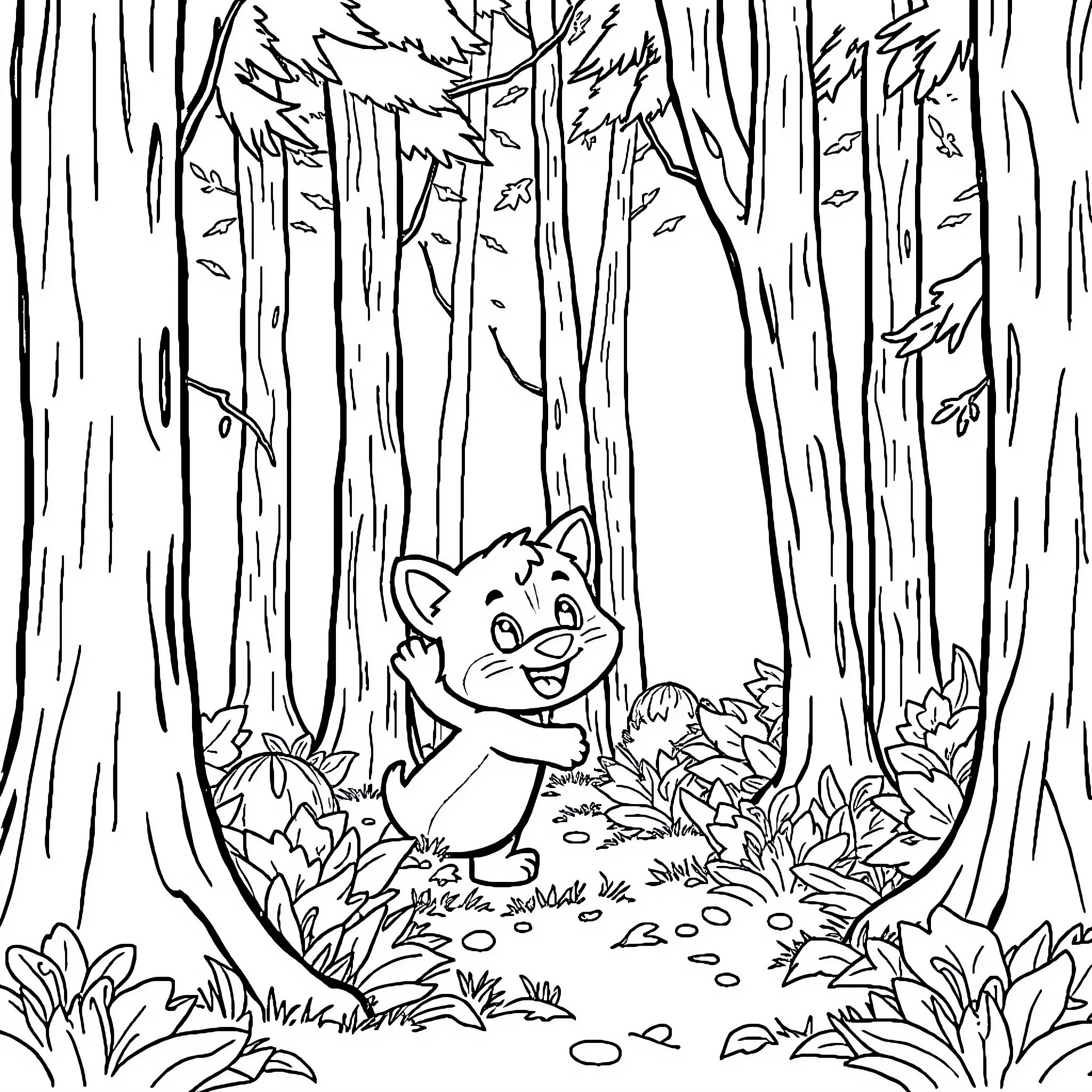 Bluey Exploring the Enchanted Forest Coloring Page (free black-and-white line drawing printable PDF for all, from beginners to advanced learners, including children, teens, adults, and seniors)