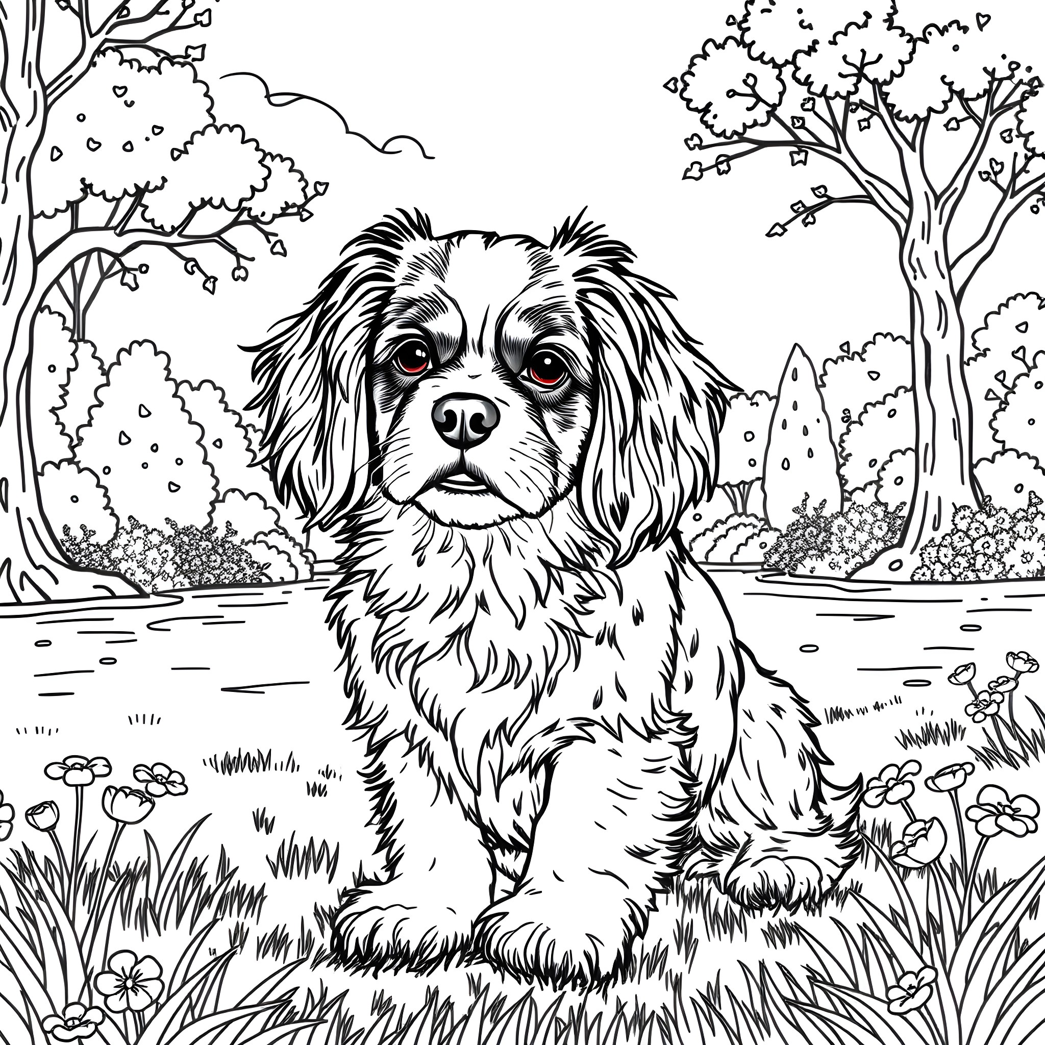 Dog sitting happily in a natural landscape Coloring Page (free black-and-white line drawing printable PDF for all, from beginners to advanced learners, including children, teens, adults, and seniors)