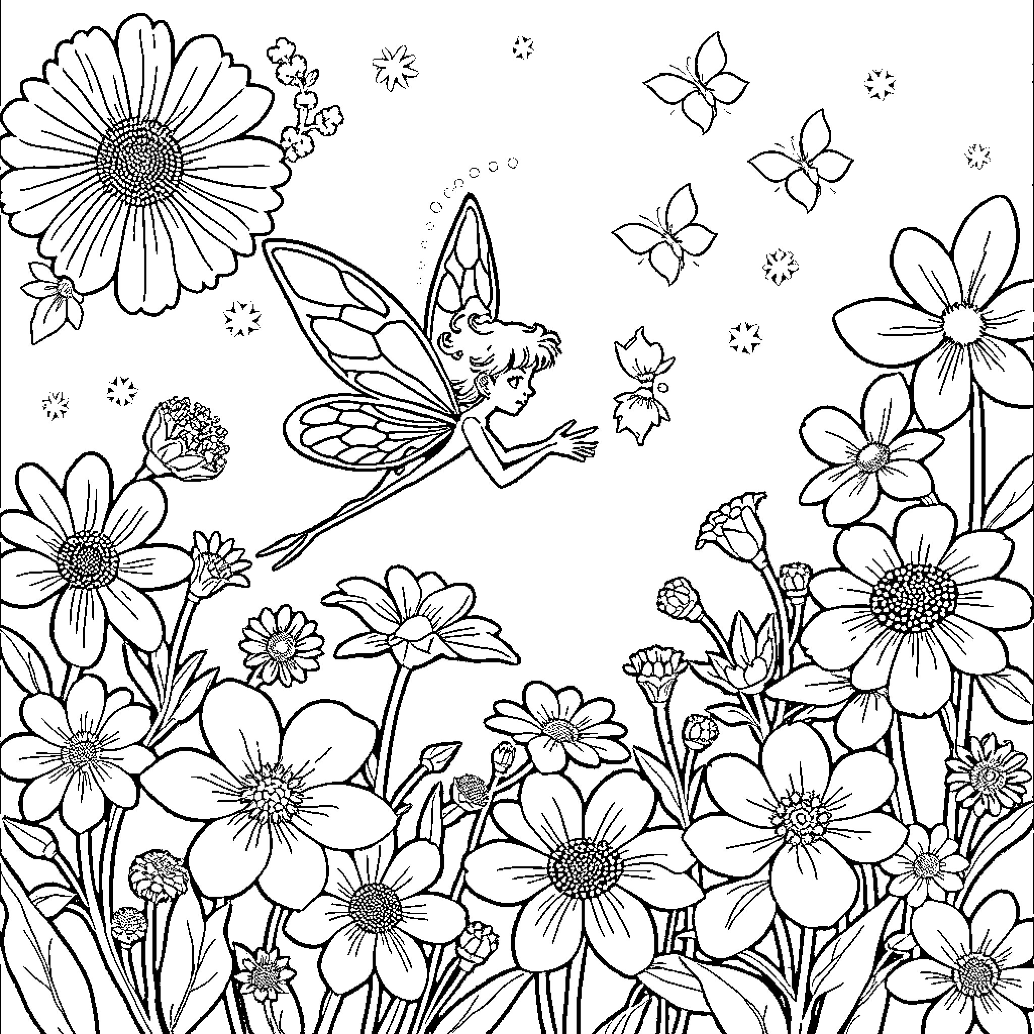 Fairy flying amidst a field of blooming flowers Coloring Page (free black-and-white line drawing printable PDF for all, from beginners to advanced learners, including children, teens, adults, and seniors)