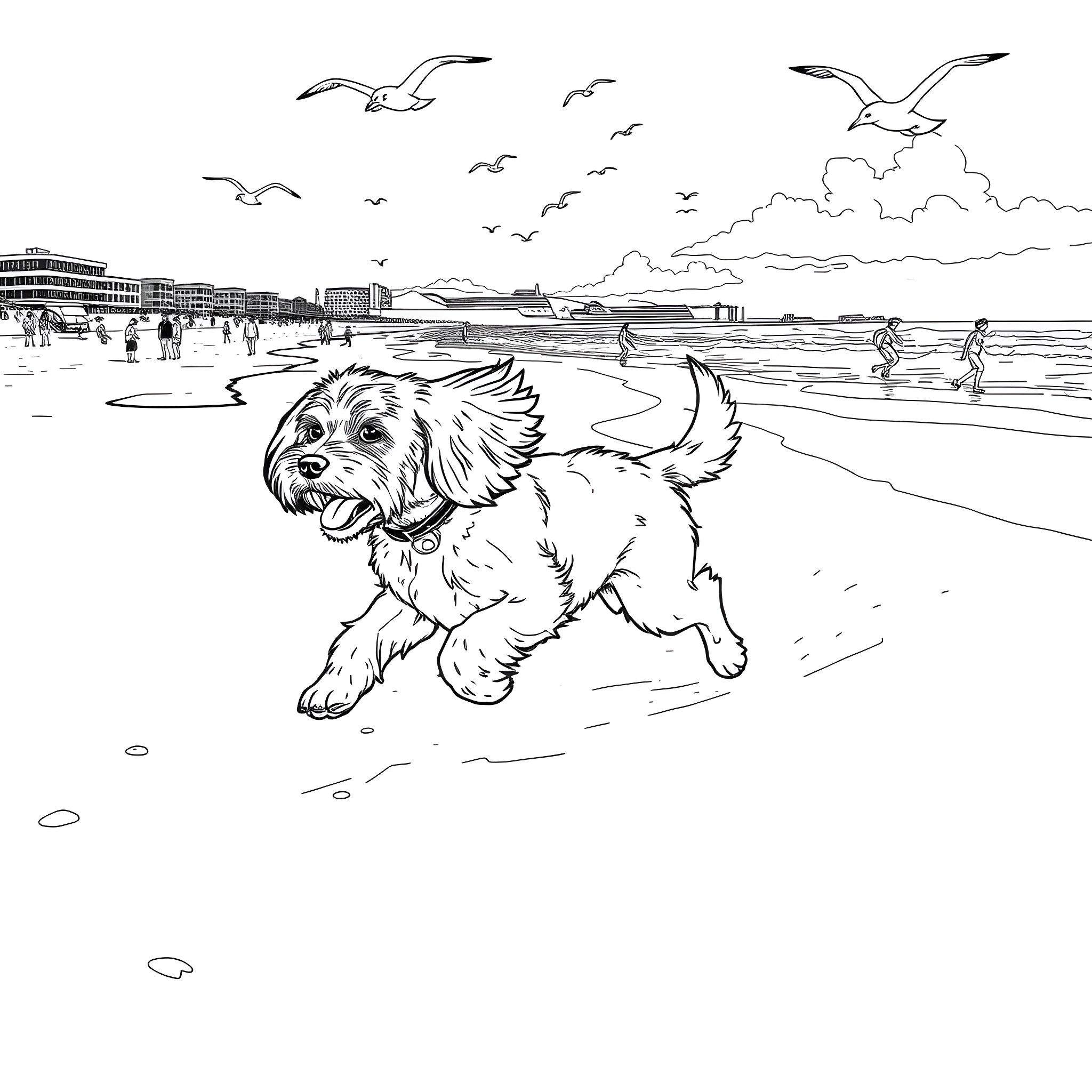 Cocker Spaniel playing joyfully on the beach Coloring Page (free black-and-white line drawing printable PDF for all, from beginners to advanced learners, including children, teens, adults, and seniors)