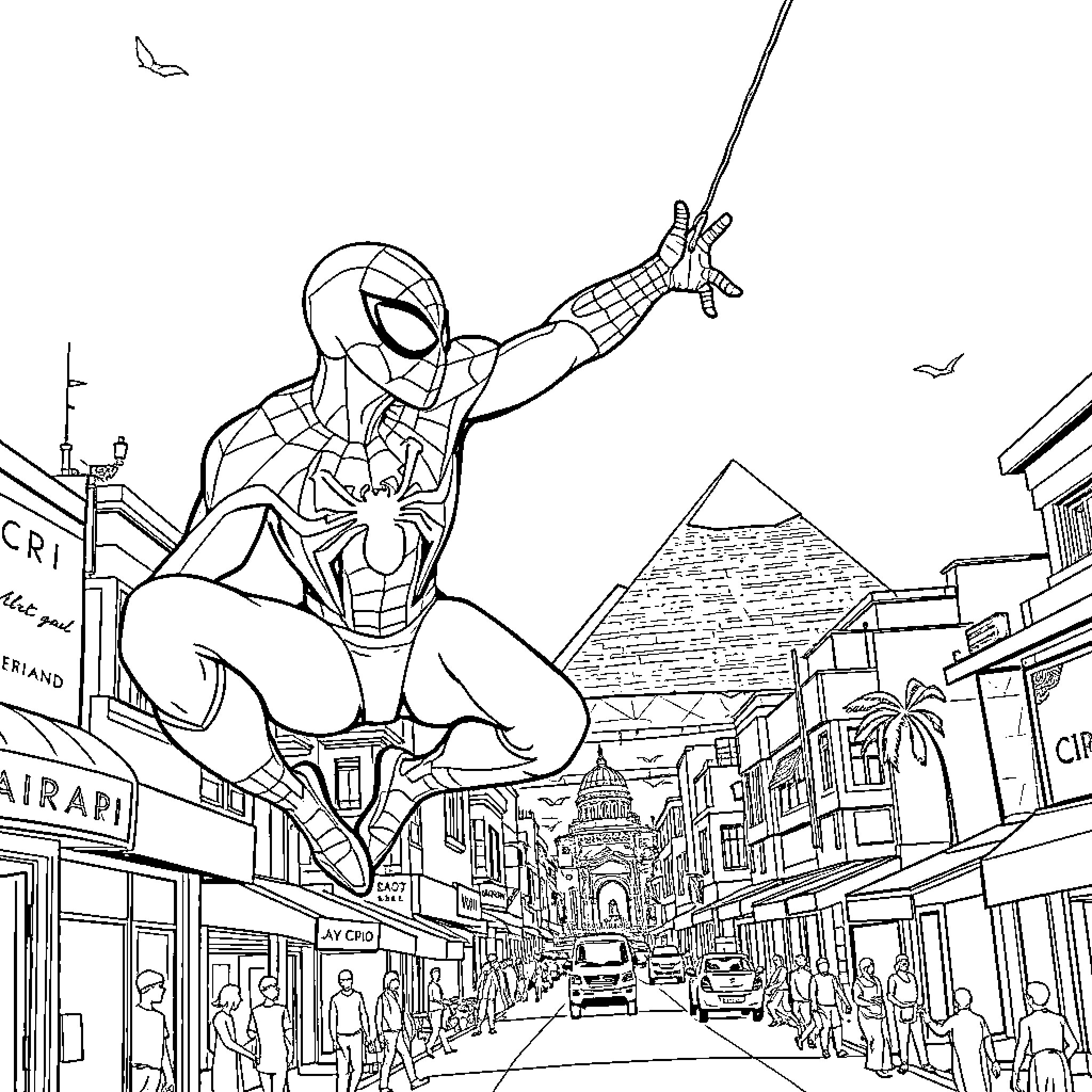 Spiderman swinging heroically over a bustling city street Coloring Page (free black-and-white line drawing printable PDF for all, from beginners to advanced learners, including children, teens, adults, and seniors)