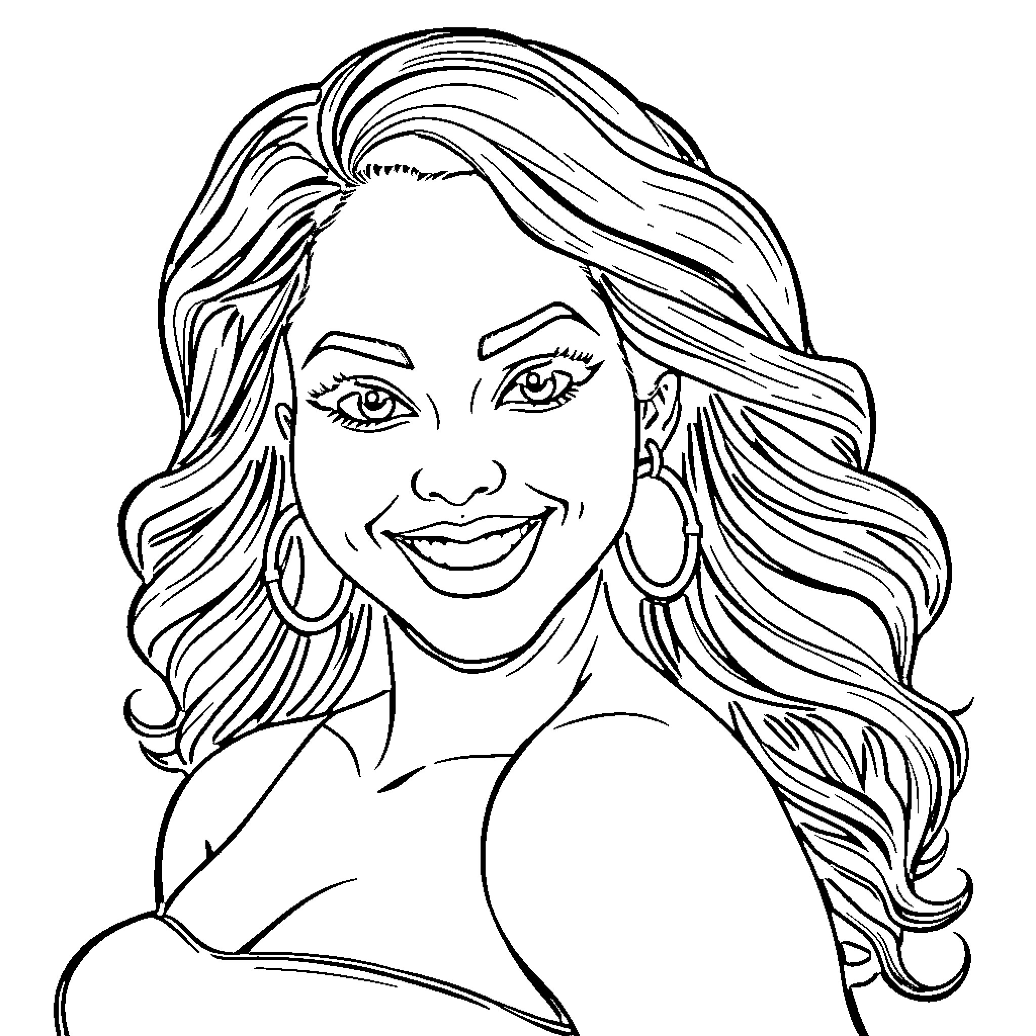 Latina Woman with Vibrant Hairstyle and Warm Expression Coloring Page (free black-and-white line drawing printable PDF for all, from beginners to advanced learners, including children, teens, adults, and seniors)