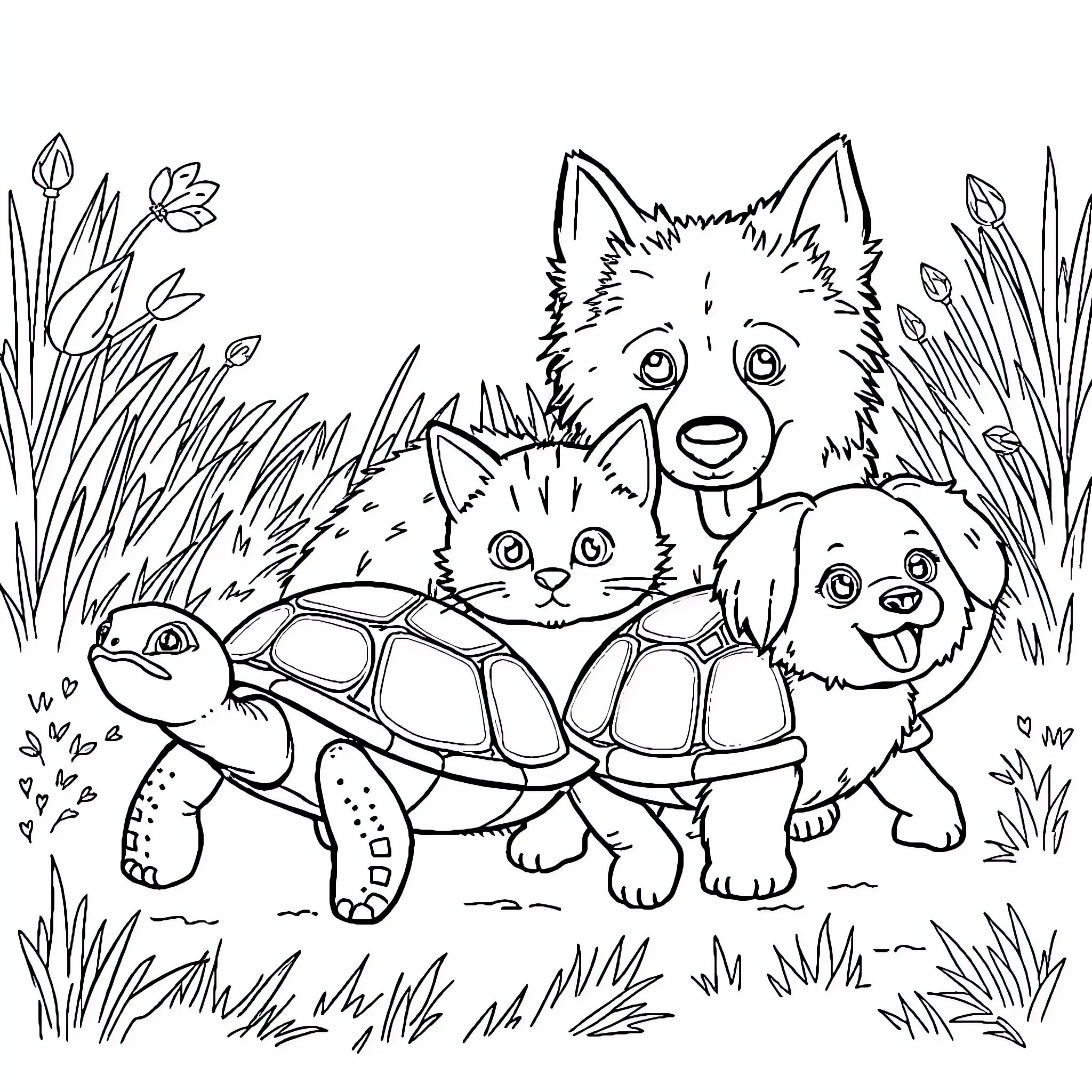 Turtle and Playful Pets in the Meadow Coloring Page (free black-and-white line drawing printable PDF for all, from beginners to advanced learners, including children, teens, adults, and seniors)
