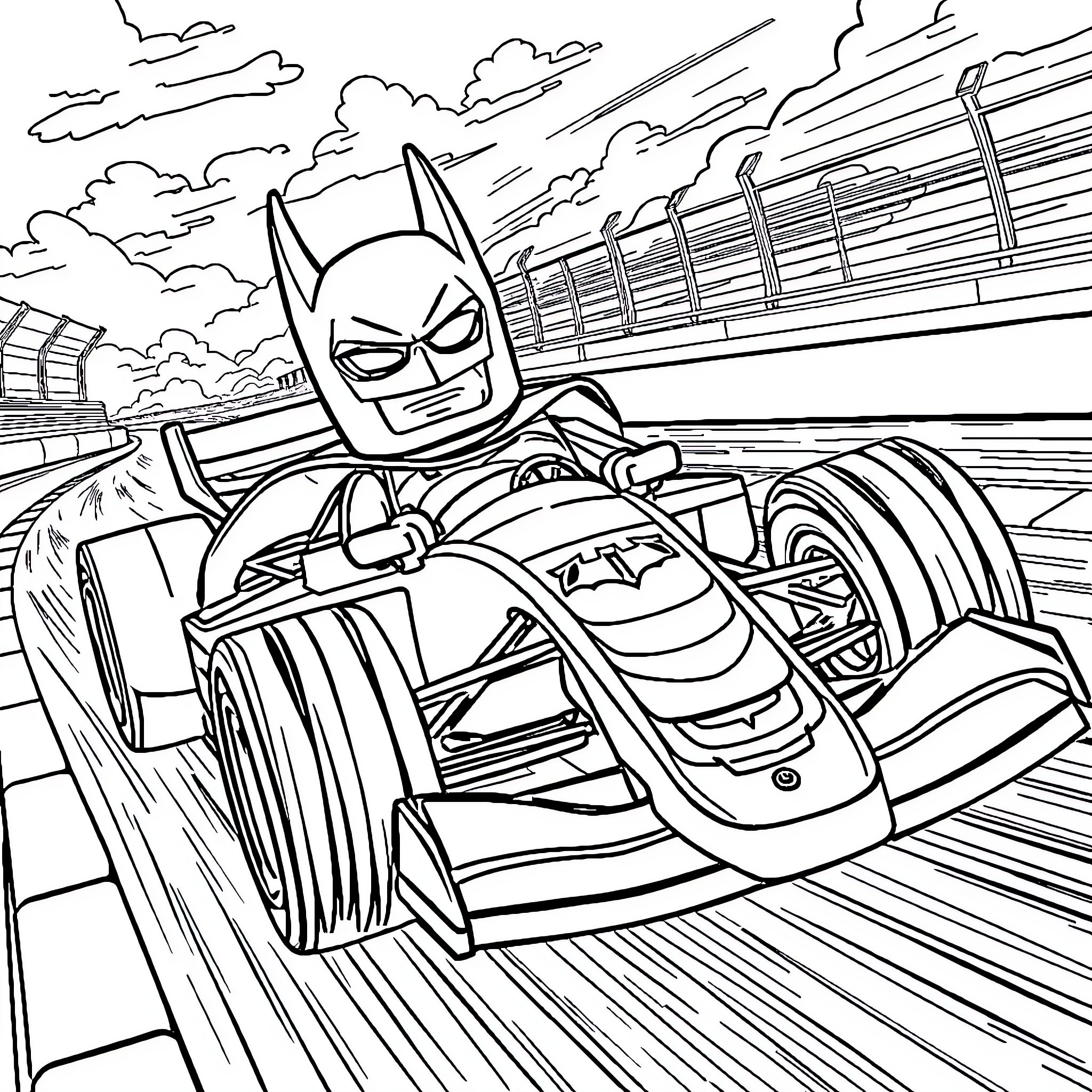 Lego Batman racing on high-speed track Coloring Page (free black-and-white line drawing printable PDF for all, from beginners to advanced learners, including children, teens, adults, and seniors)