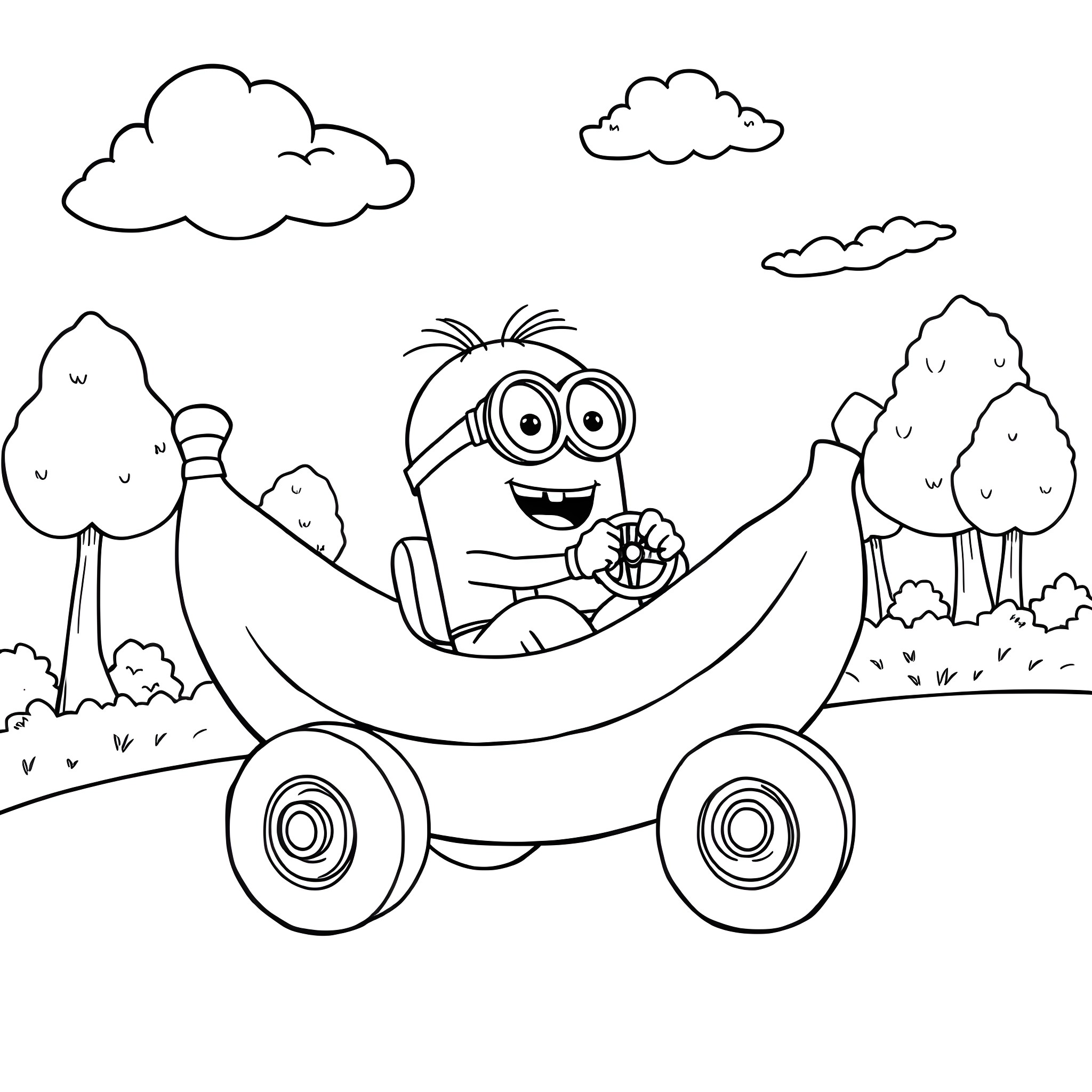 Minion relaxing in a wagon in the countryside Coloring Page (free black-and-white line drawing printable PDF for all, from beginners to advanced learners, including children, teens, adults, and seniors)