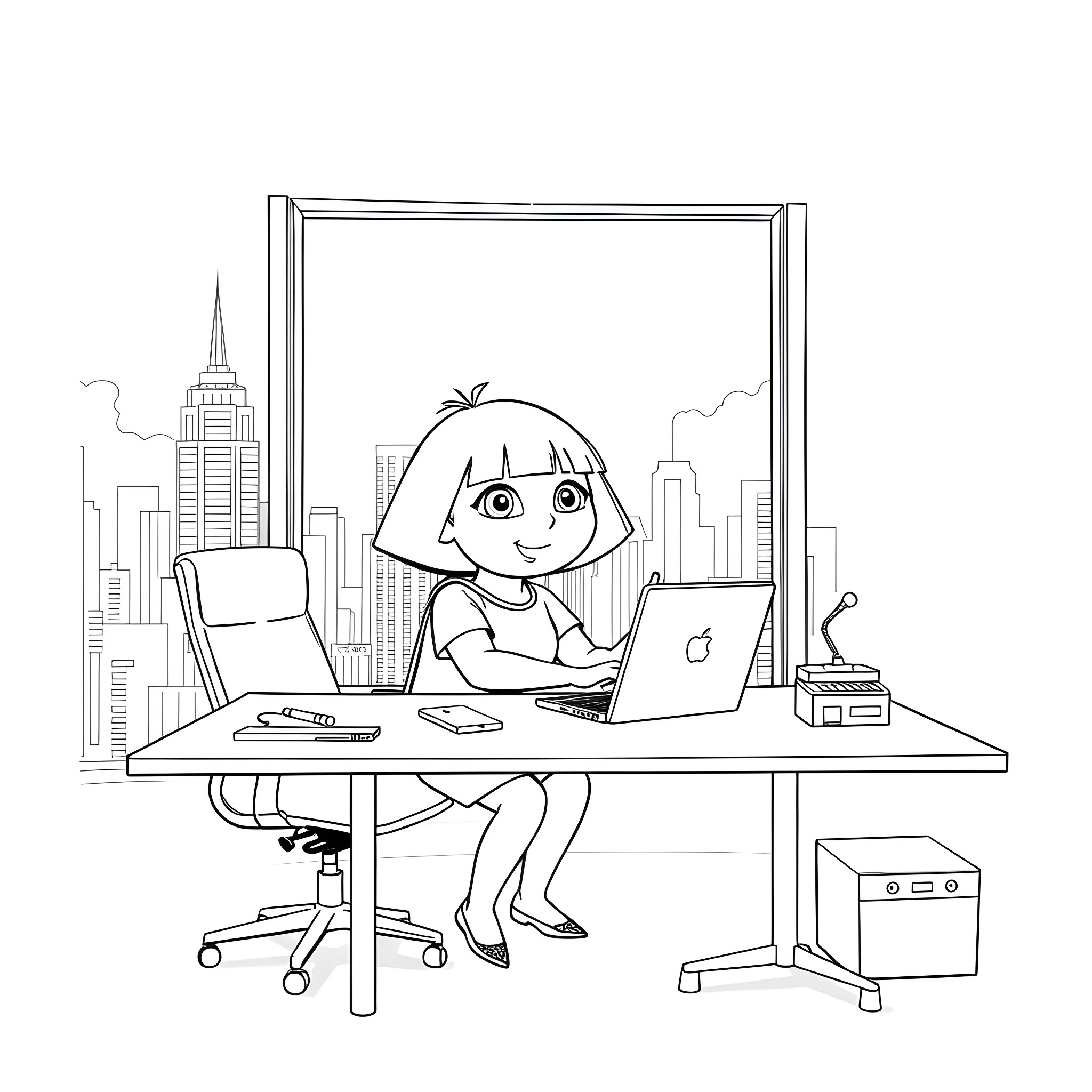 Dora working diligently on her laptop in the city Coloring Page (free black-and-white line drawing printable PDF for all, from beginners to advanced learners, including children, teens, adults, and seniors)