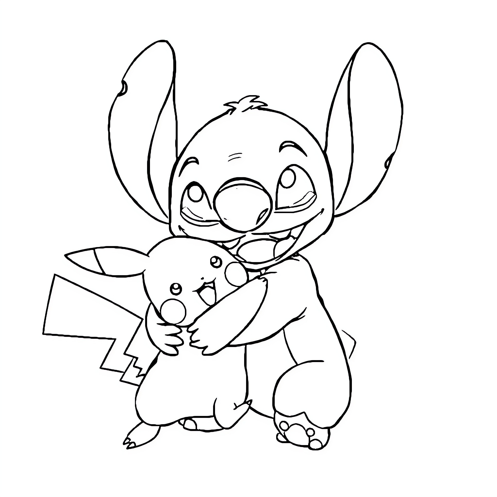 Stitch and Pikachu playing together Coloring Page (free black-and-white line drawing printable PDF for all, from beginners to advanced learners, including children, teens, adults, and seniors)