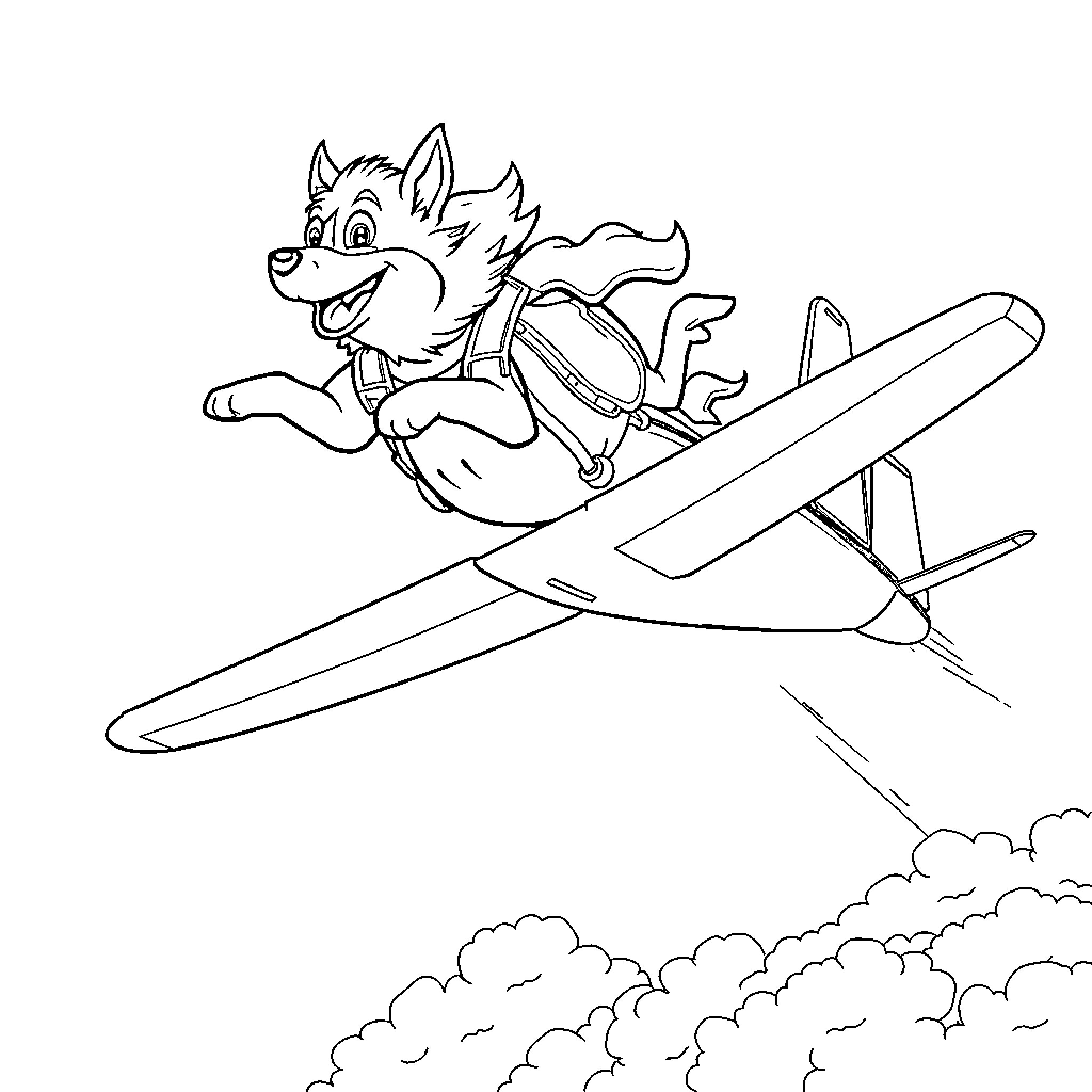Huntrix riding a jet plane through the sky Coloring Page (free black-and-white line drawing printable PDF for all, from beginners to advanced learners, including children, teens, adults, and seniors)