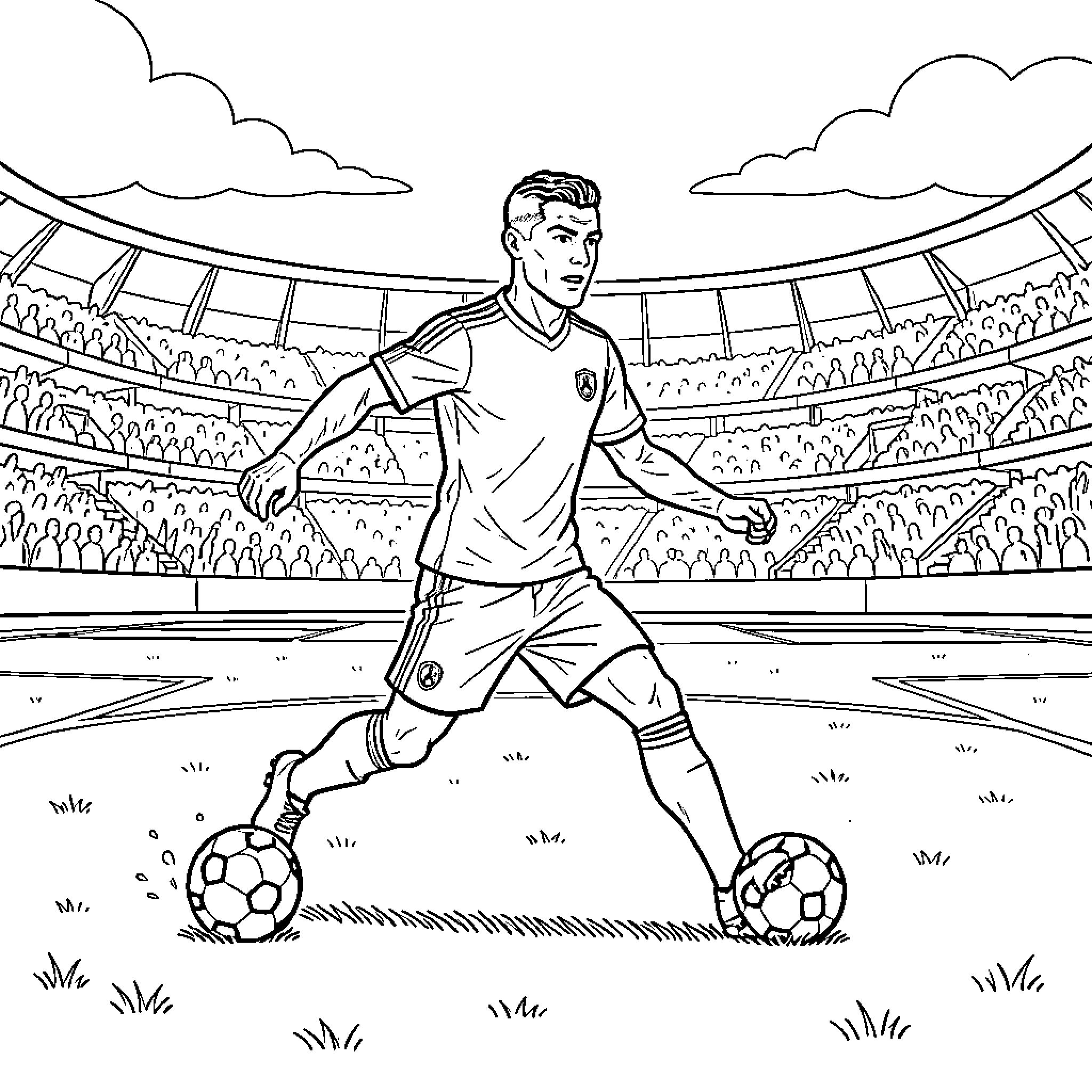 Ronaldo dribbling a soccer ball in a stadium Coloring Page (free black-and-white line drawing printable PDF for all, from beginners to advanced learners, including children, teens, adults, and seniors)