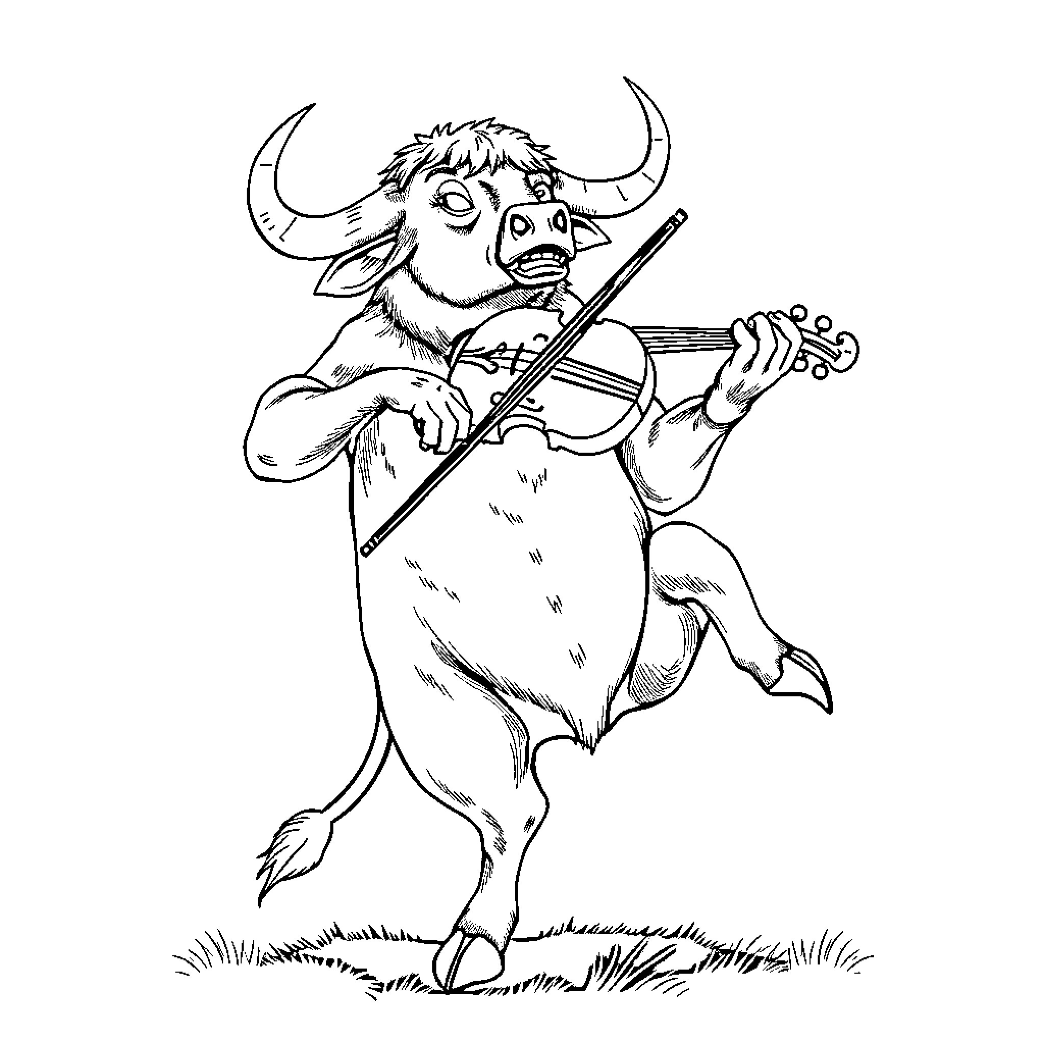 Bull playing the violin in the field Coloring Page (free black-and-white line drawing printable PDF for all, from beginners to advanced learners, including children, teens, adults, and seniors)