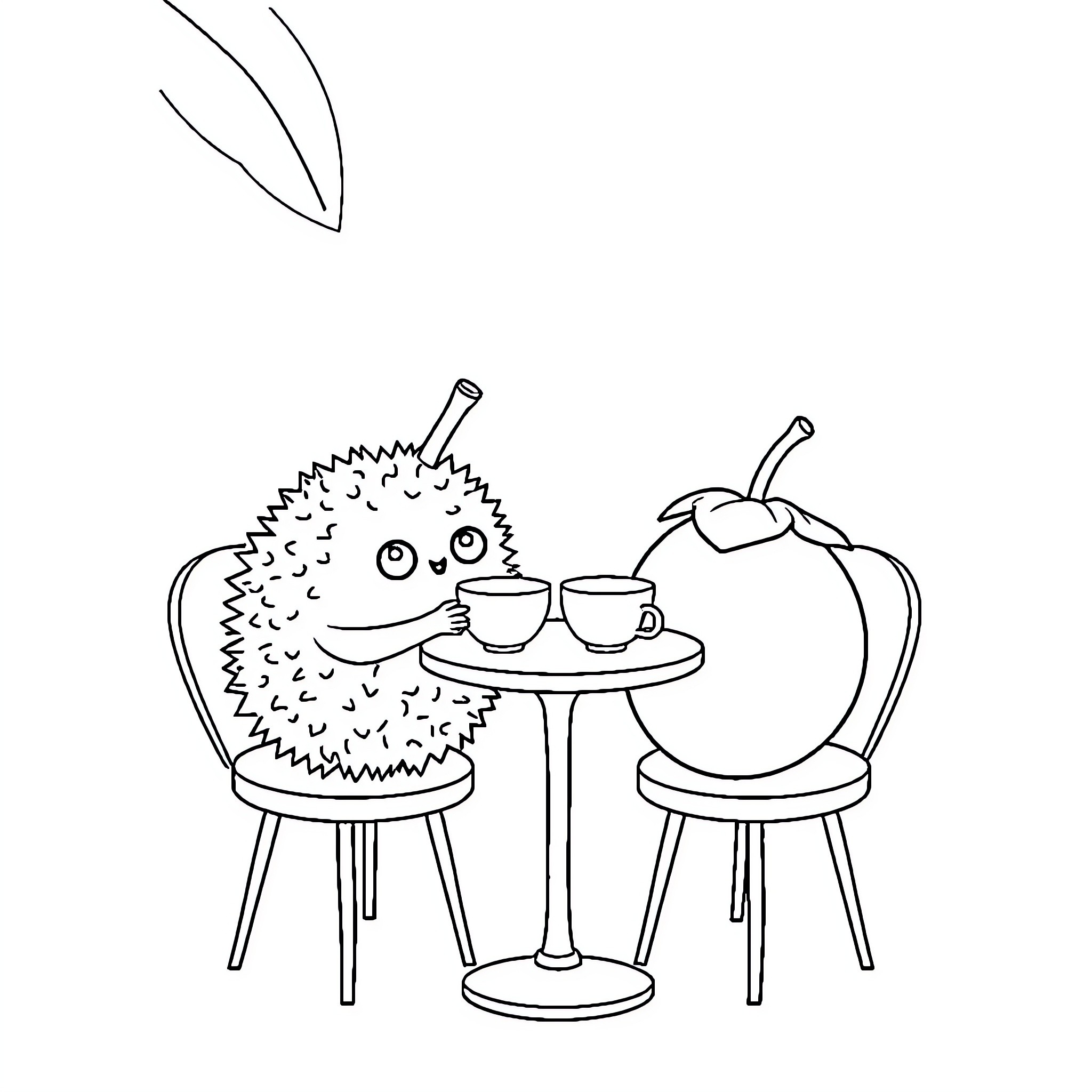 Fruit creatures having a tea party Coloring Page (free black-and-white line drawing printable PDF for all, from beginners to advanced learners, including children, teens, adults, and seniors)