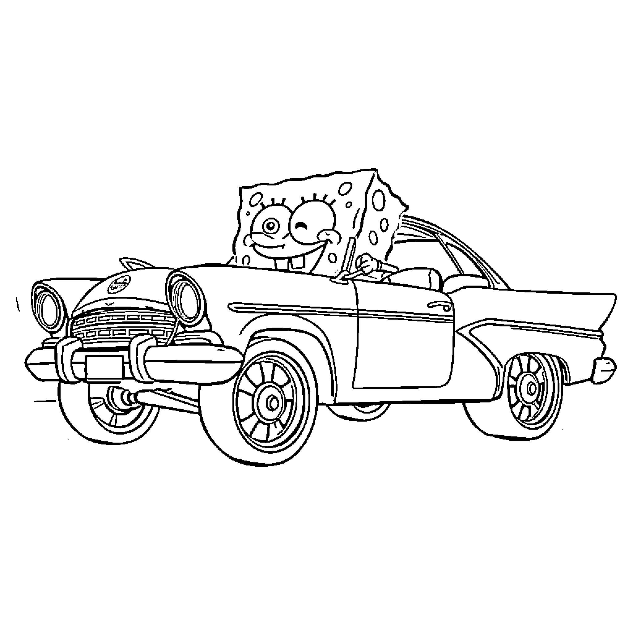 Lowrider cartoon character driving vintage car Coloring Page (free black-and-white line drawing printable PDF for all, from beginners to advanced learners, including children, teens, adults, and seniors)