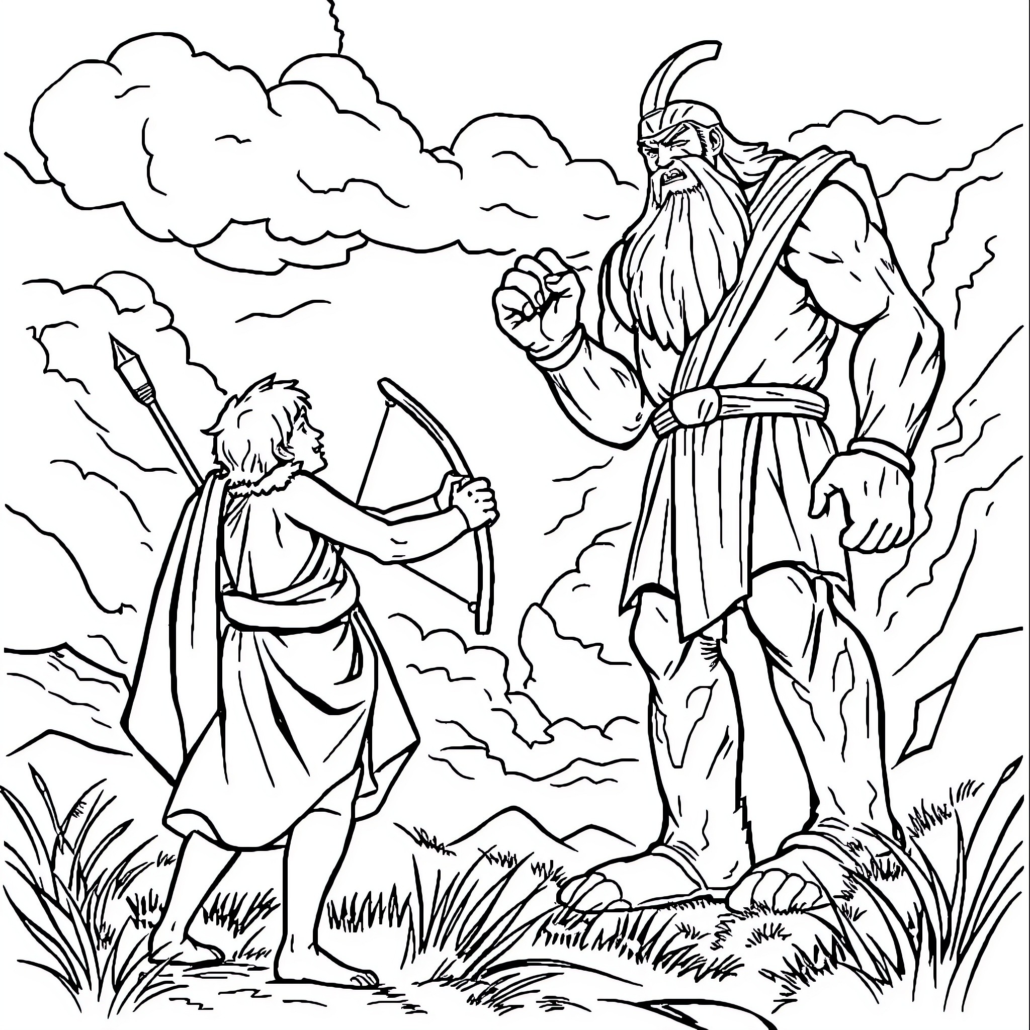 David and Goliath: Heroic Confrontation in an Atmospheric Setting Coloring Page (free black-and-white line drawing printable PDF for all, from beginners to advanced learners, including children, teens, adults, and seniors)