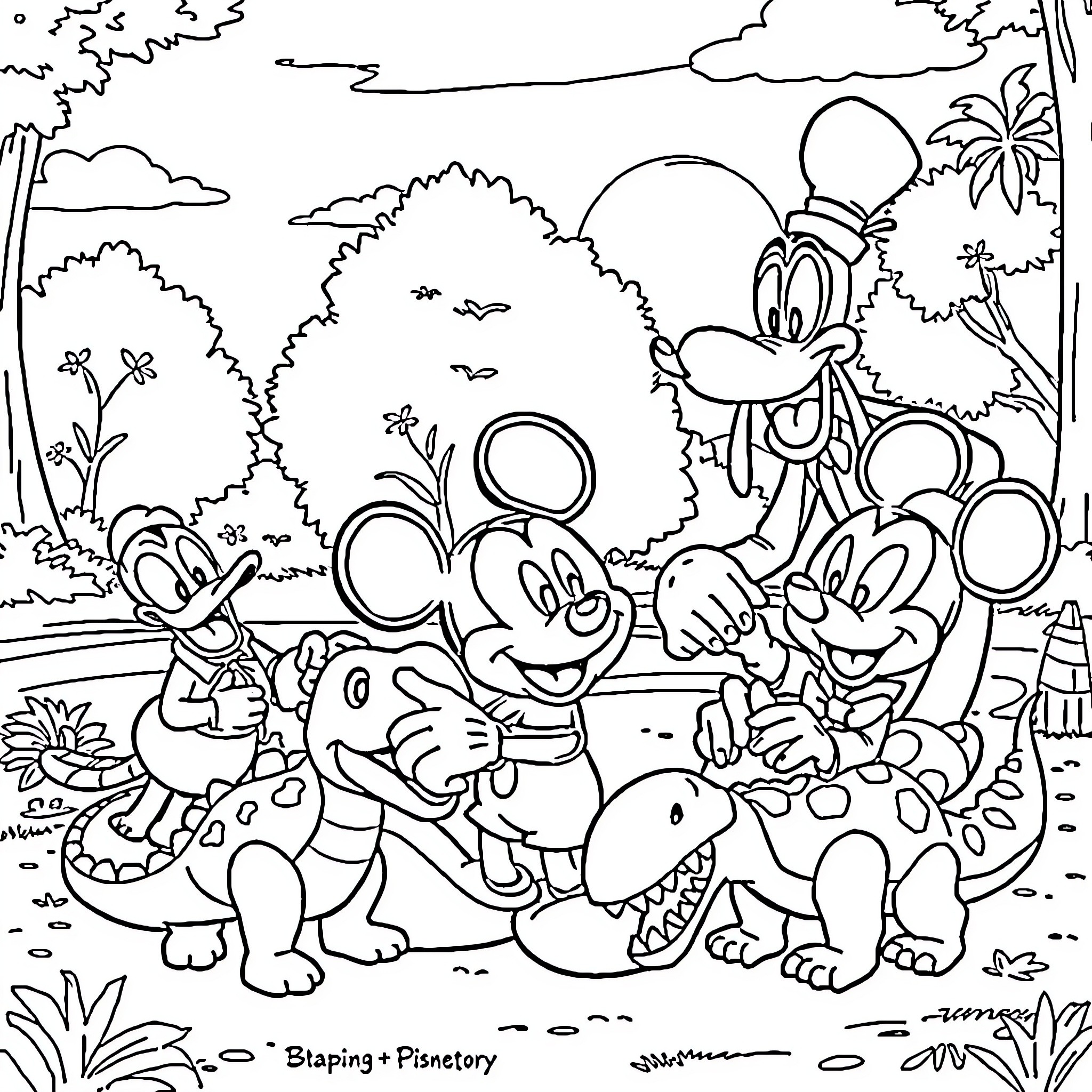 Mickey Mouse and friends exploring the jungle Coloring Page (free black-and-white line drawing printable PDF for all, from beginners to advanced learners, including children, teens, adults, and seniors)