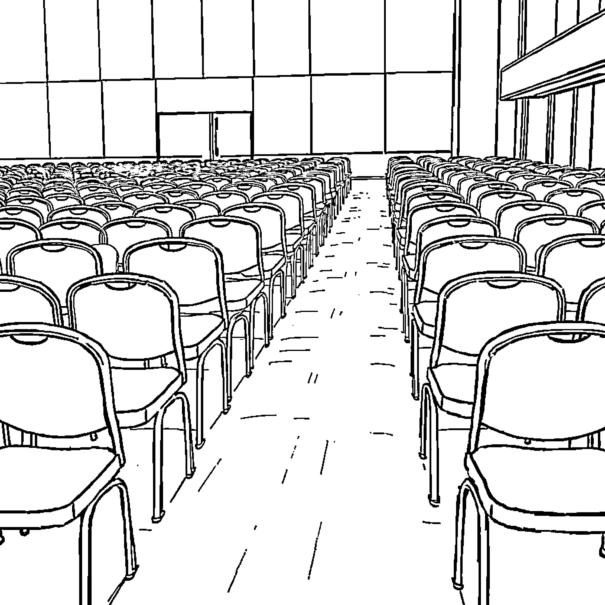 Convention Seating Arrangements in a Hall Coloring Page (free black-and-white line drawing printable PDF for all, from beginners to advanced learners, including children, teens, adults, and seniors)