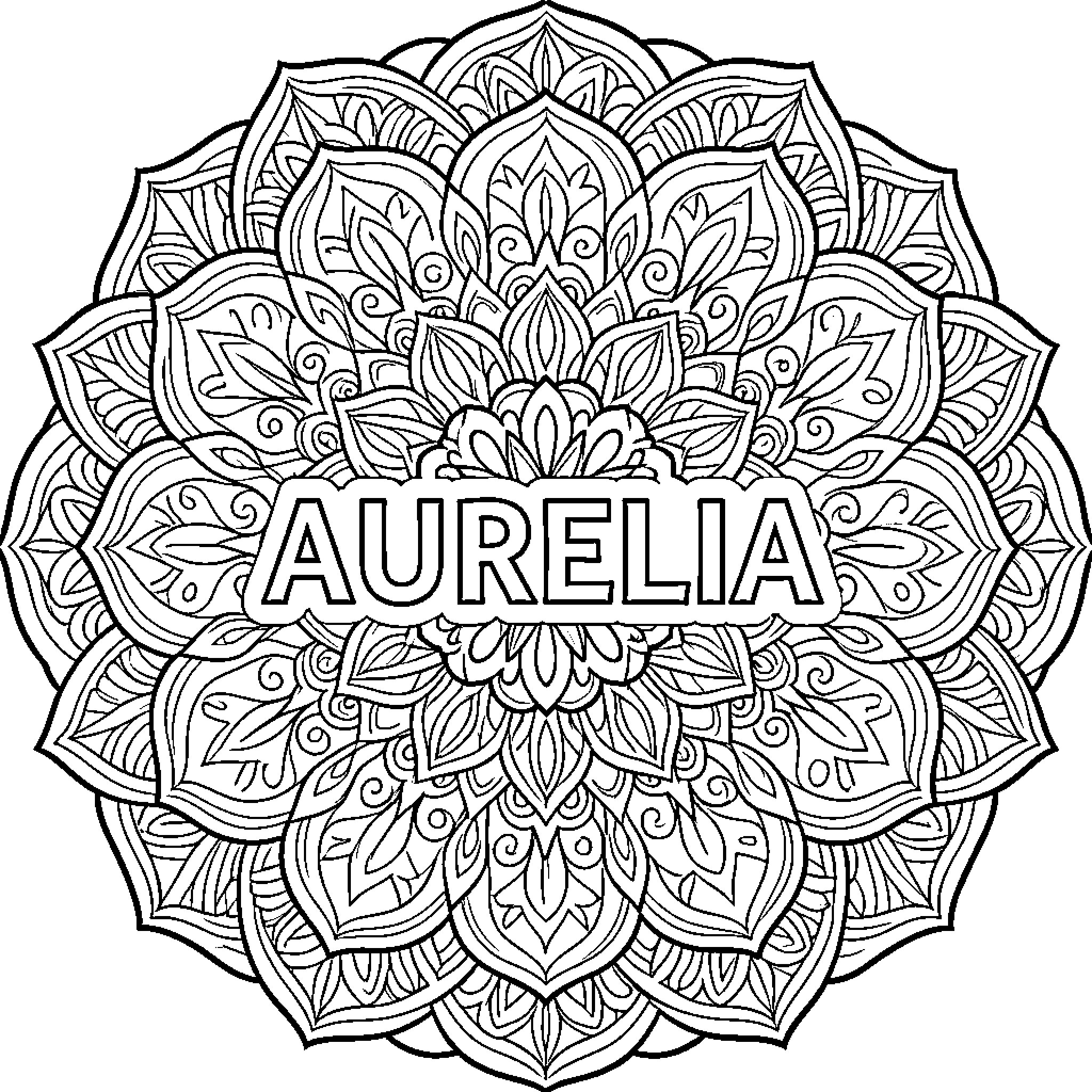 Mandala pattern surrounding the name Aurelia Coloring Page (free black-and-white line drawing printable PDF for all, from beginners to advanced learners, including children, teens, adults, and seniors)