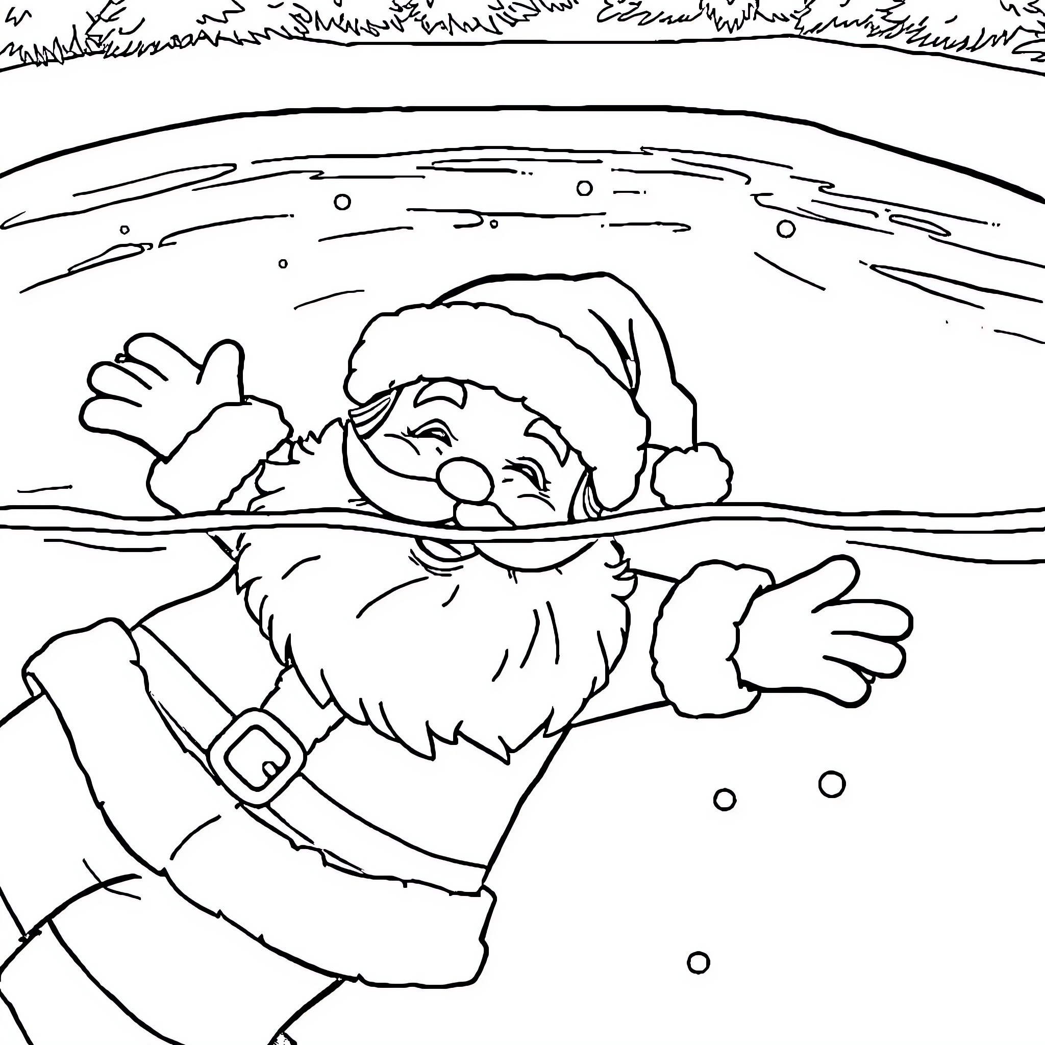 Santa waving enthusiastically in the snowy landscape Coloring Page (free black-and-white line drawing printable PDF for all, from beginners to advanced learners, including children, teens, adults, and seniors)