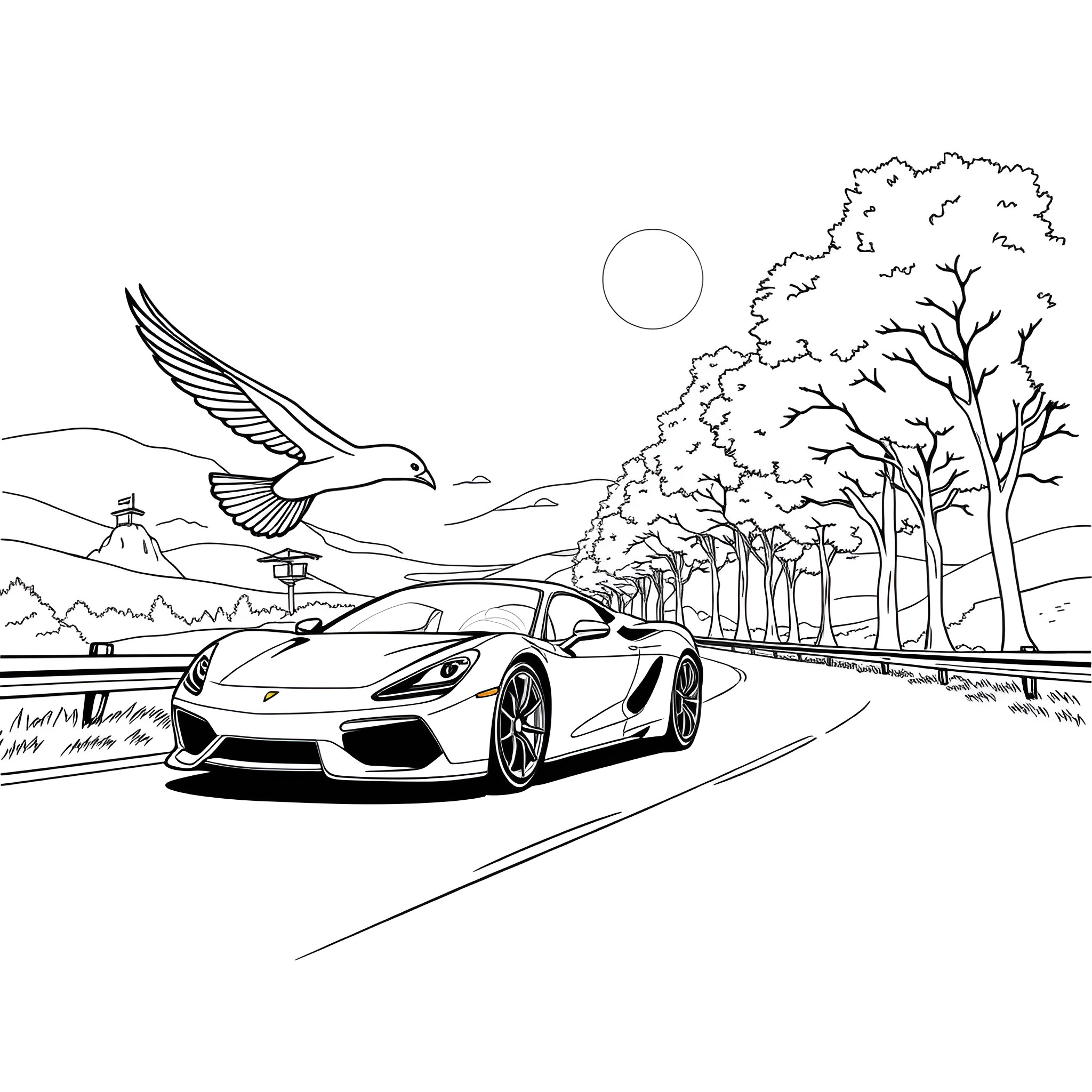 Bird soaring over scenic road with sports car Coloring Page (free black-and-white line drawing printable PDF for all, from beginners to advanced learners, including children, teens, adults, and seniors)
