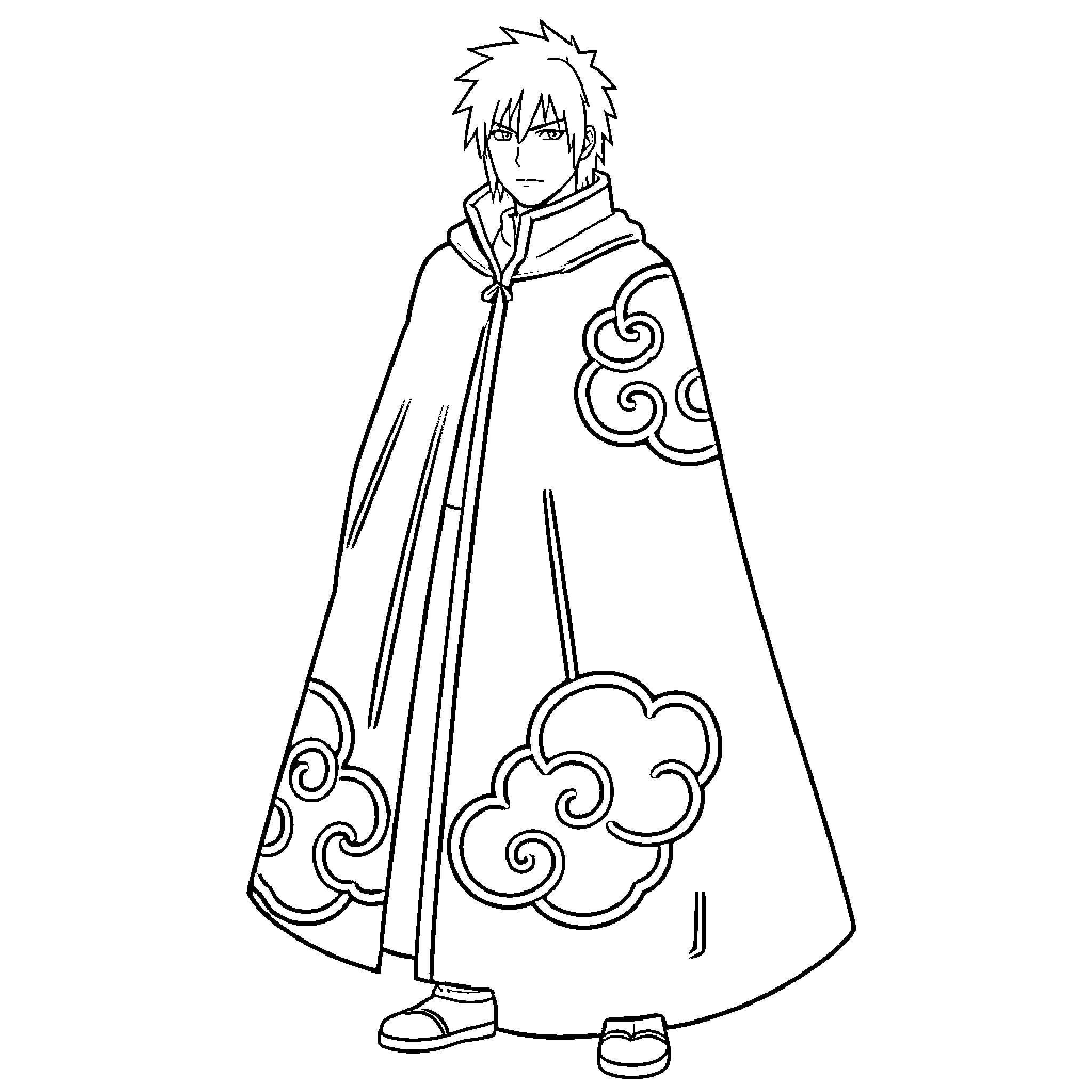 Itachi in Ceremonial Cloak with Cloud Motif Coloring Page (free black-and-white line drawing printable PDF for all, from beginners to advanced learners, including children, teens, adults, and seniors)