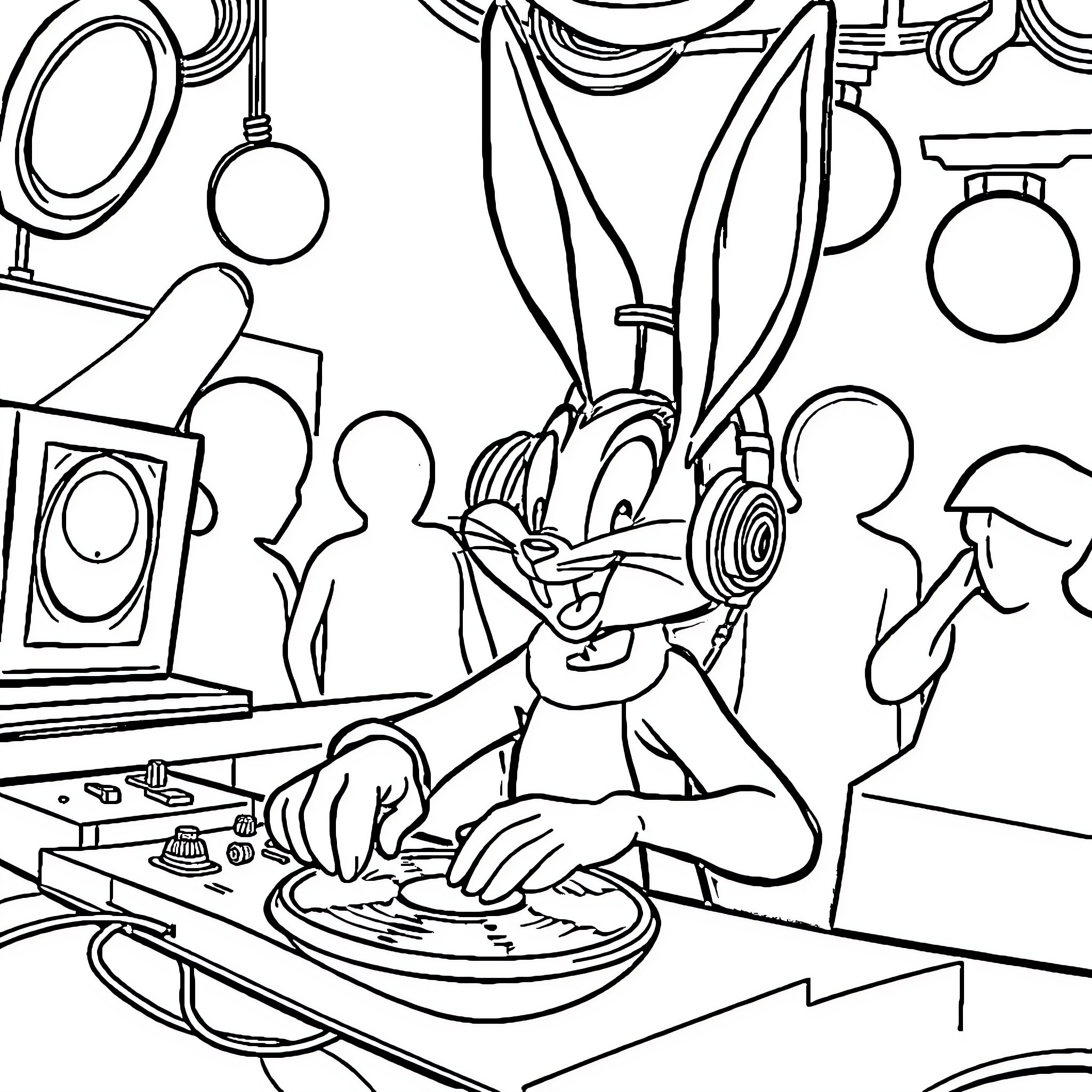 Bugs Bunny Deejaying at a Concert Coloring Page (free black-and-white line drawing printable PDF for all, from beginners to advanced learners, including children, teens, adults, and seniors)