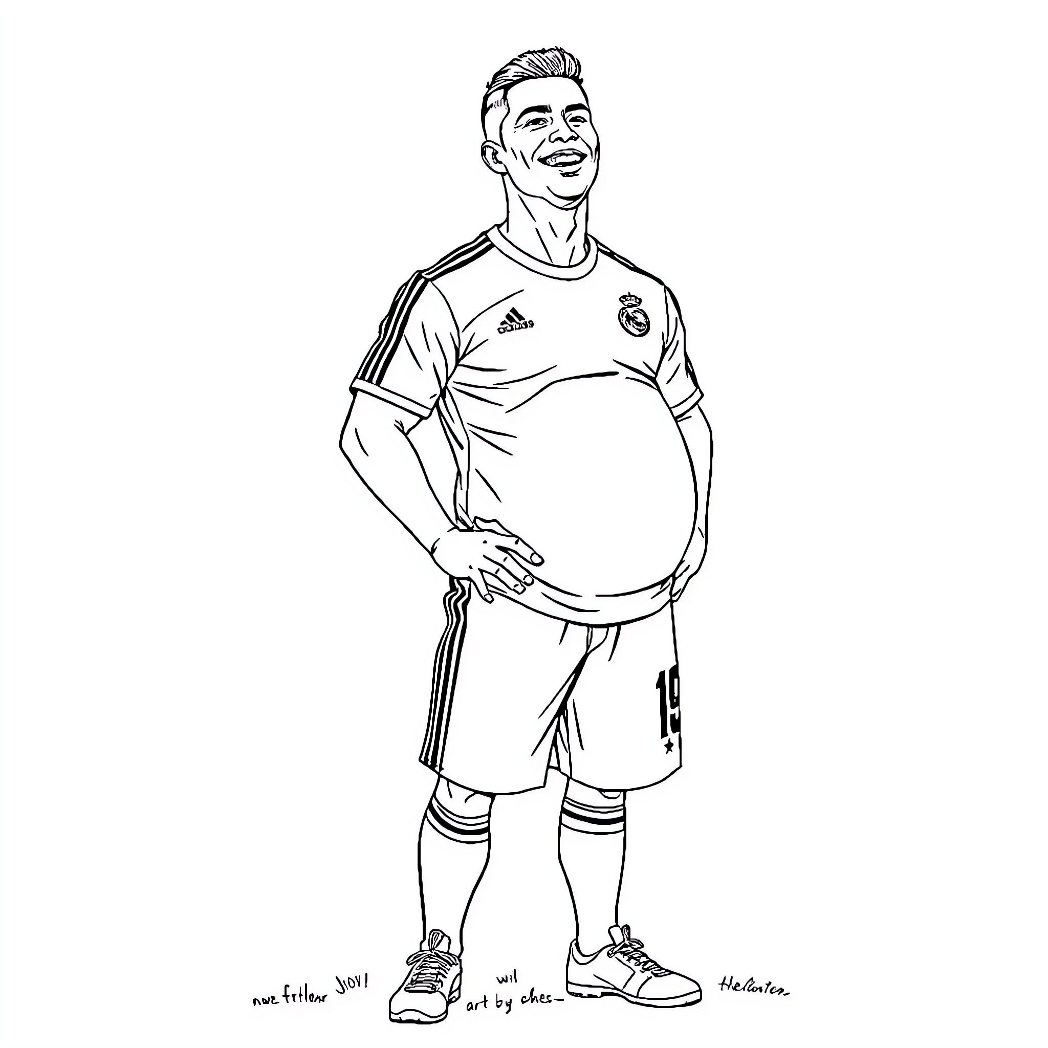 Ronaldo in Soccer Uniform Smiling Confidently Coloring Page (free black-and-white line drawing printable PDF for all, from beginners to advanced learners, including children, teens, adults, and seniors)