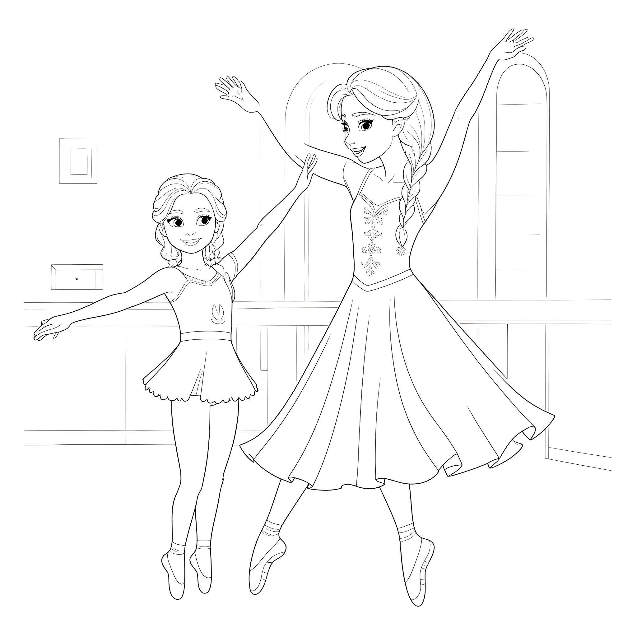 Elsa and Anna dancing joyfully in the ballet studio Coloring Page (free black-and-white line drawing printable PDF for all, from beginners to advanced learners, including children, teens, adults, and seniors)