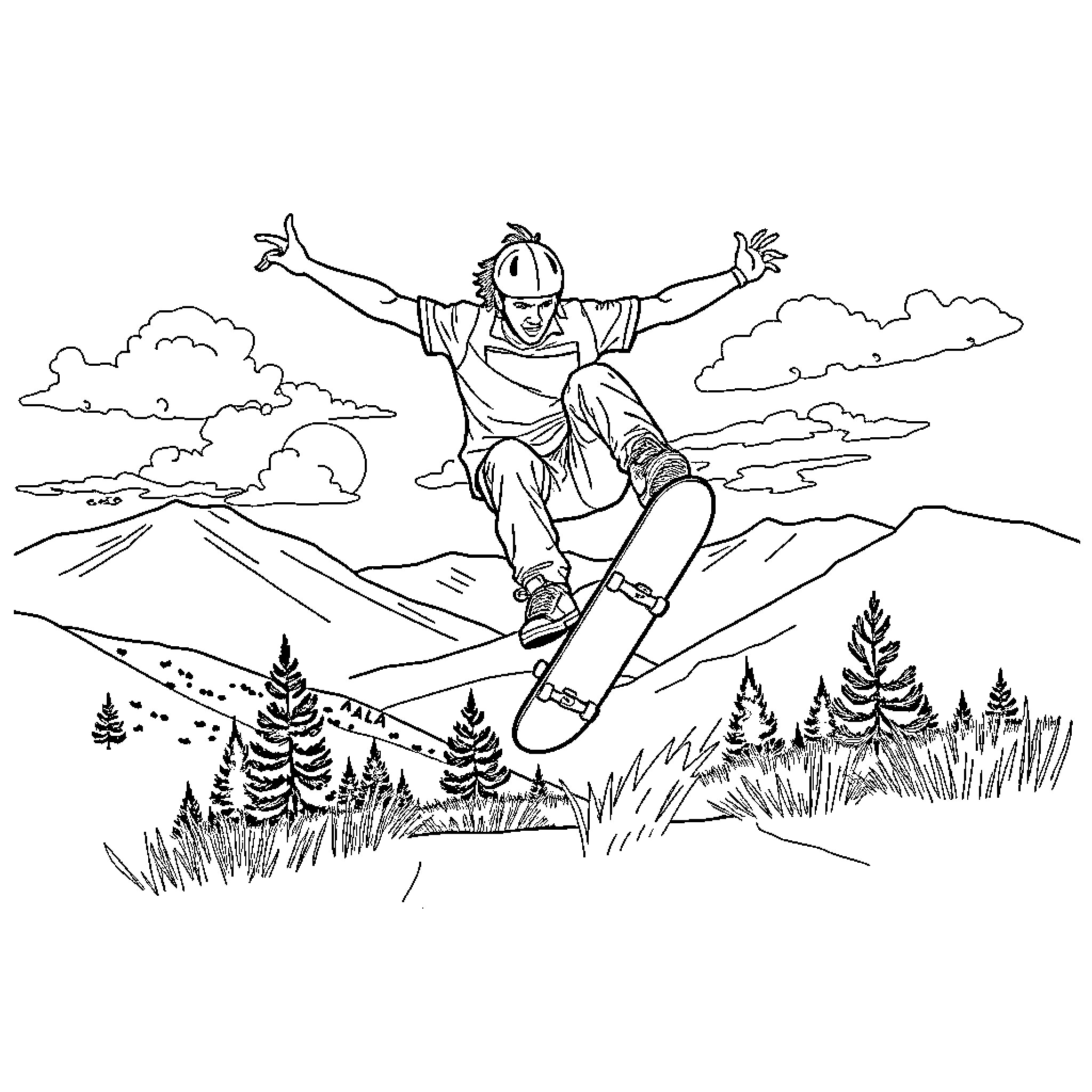 Tony Hawk performing extreme skateboarding stunts in the mountains Coloring Page (free black-and-white line drawing printable PDF for all, from beginners to advanced learners, including children, teens, adults, and seniors)
