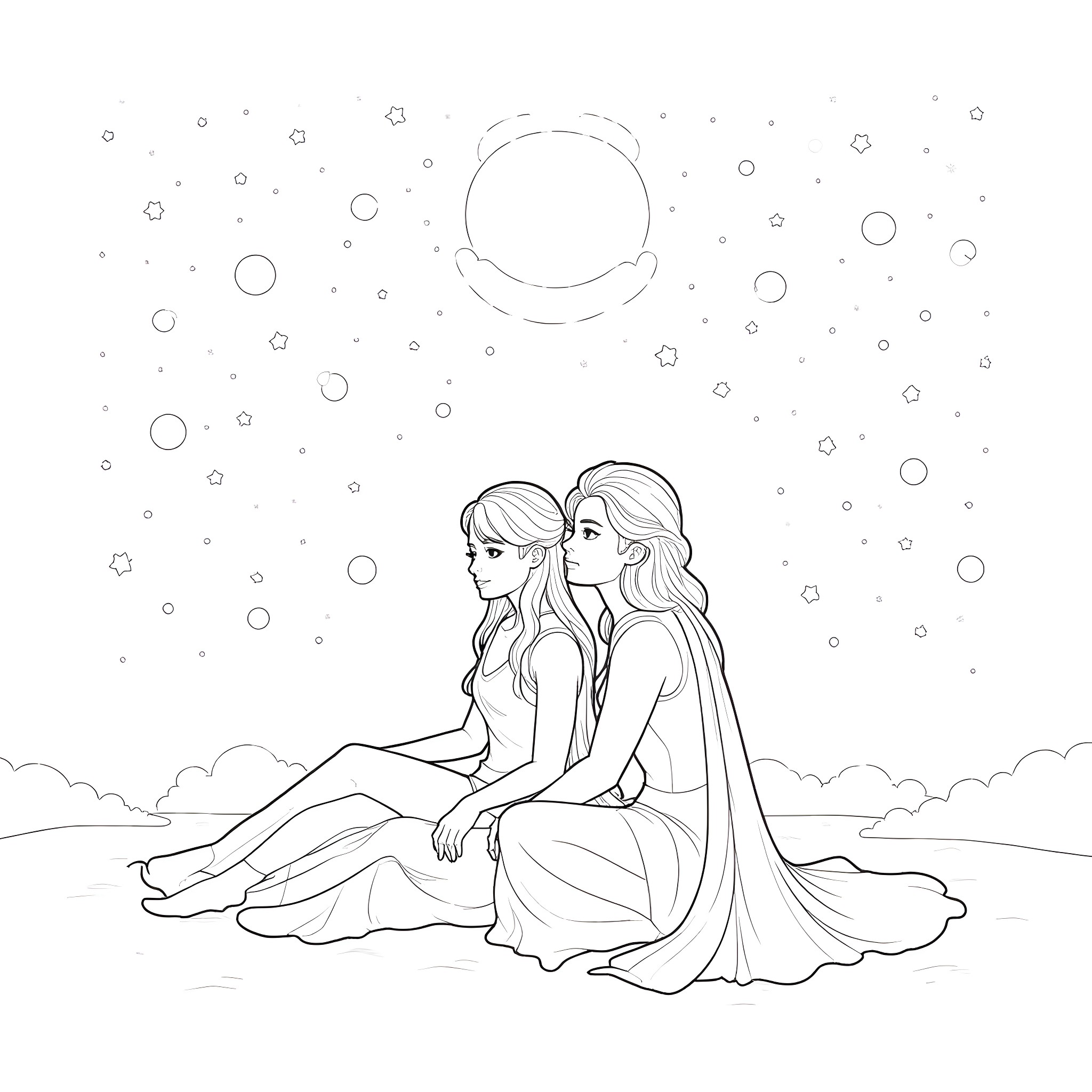 Rhysand and Feyre under the stars Coloring Page (free black-and-white line drawing printable PDF for all, from beginners to advanced learners, including children, teens, adults, and seniors)