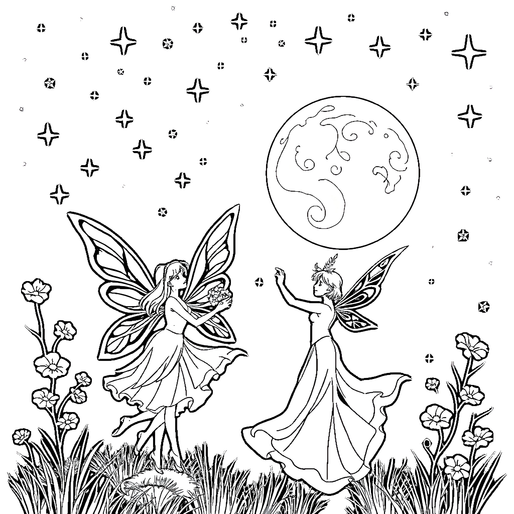 Fairy Spirits Dancing Under the Moonlight Coloring Page (free black-and-white line drawing printable PDF for all, from beginners to advanced learners, including children, teens, adults, and seniors)
