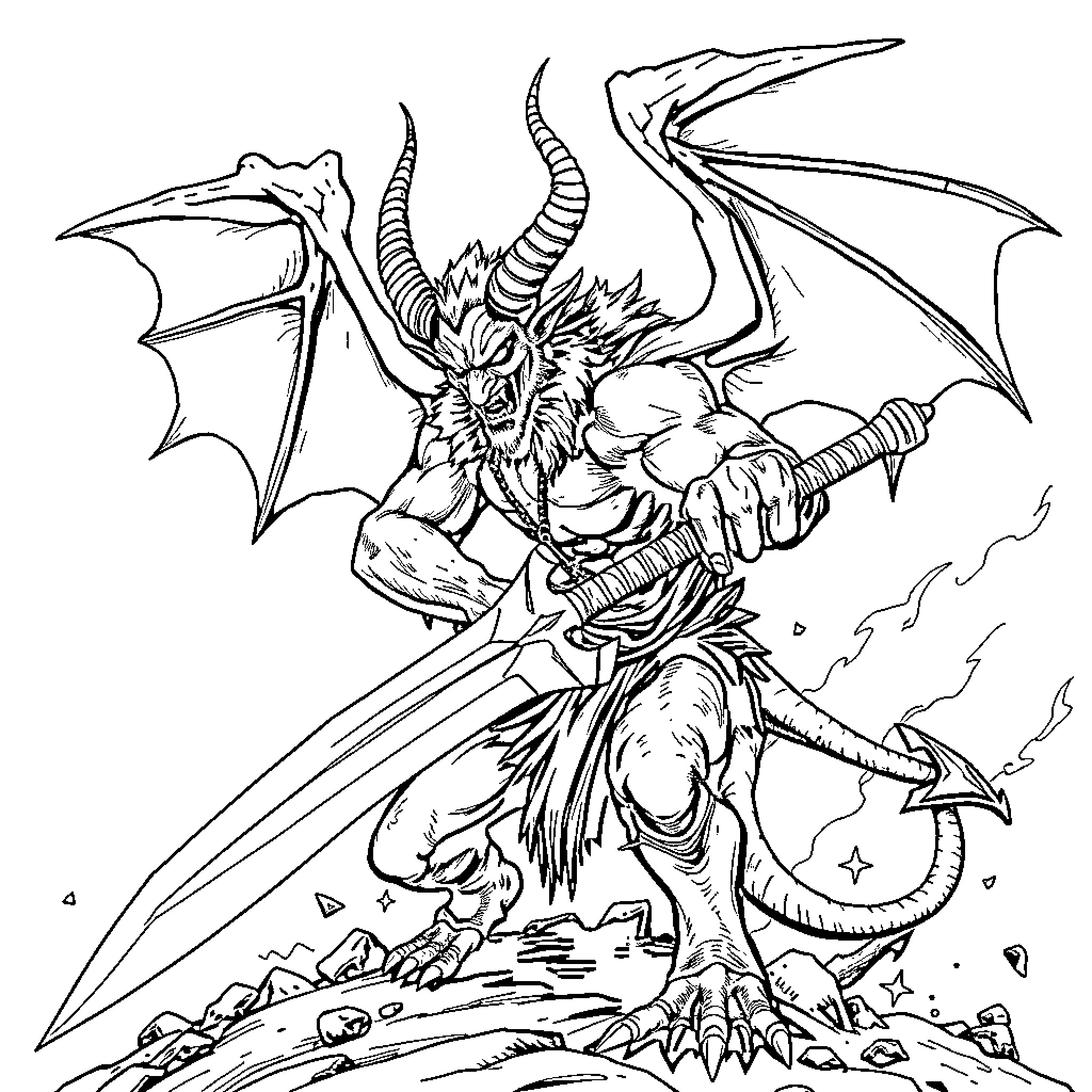 Demon warrior wielding a sword in battle Coloring Page (free black-and-white line drawing printable PDF for all, from beginners to advanced learners, including children, teens, adults, and seniors)
