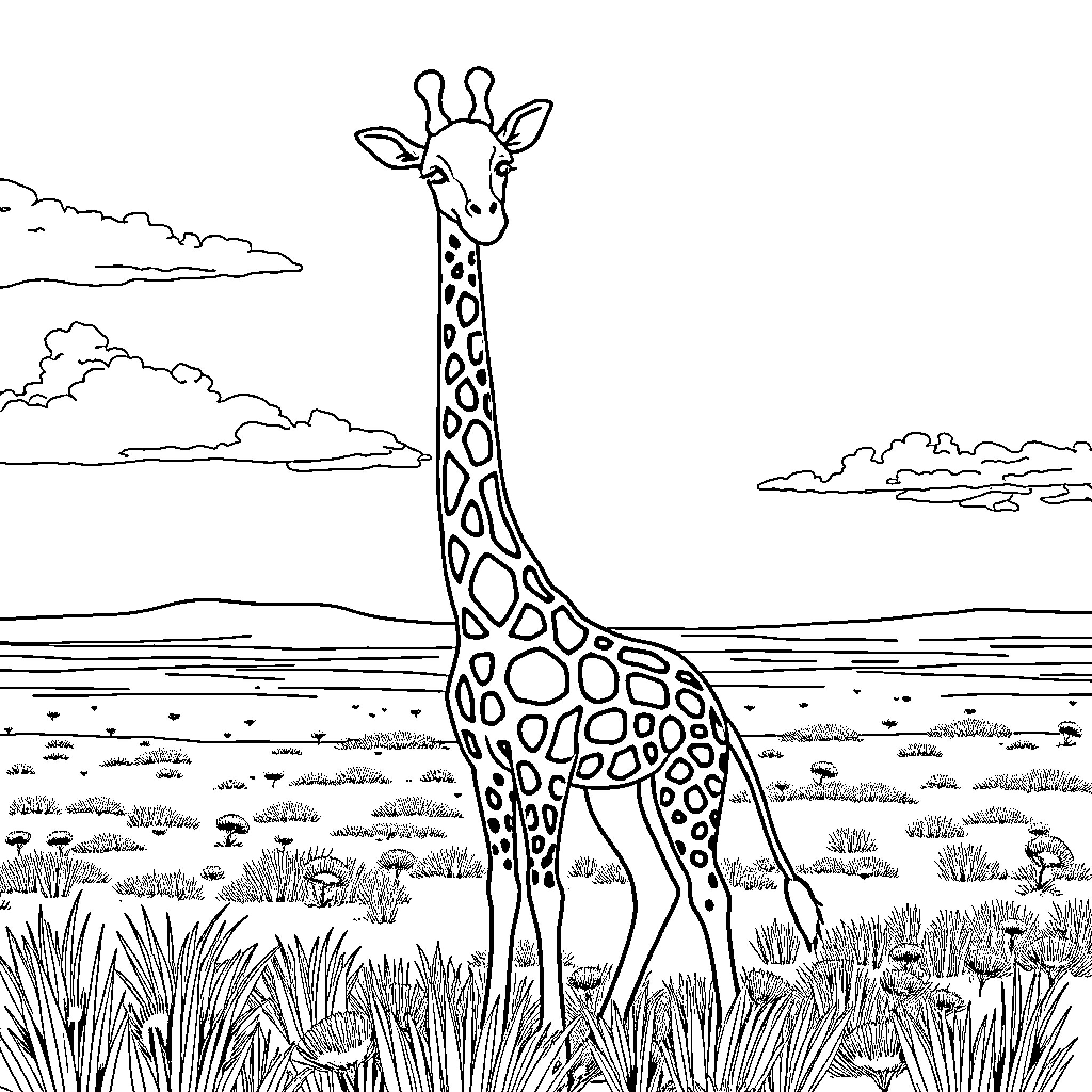Giraffe standing tall in a serene landscape Coloring Page (free black-and-white line drawing printable PDF for all, from beginners to advanced learners, including children, teens, adults, and seniors)