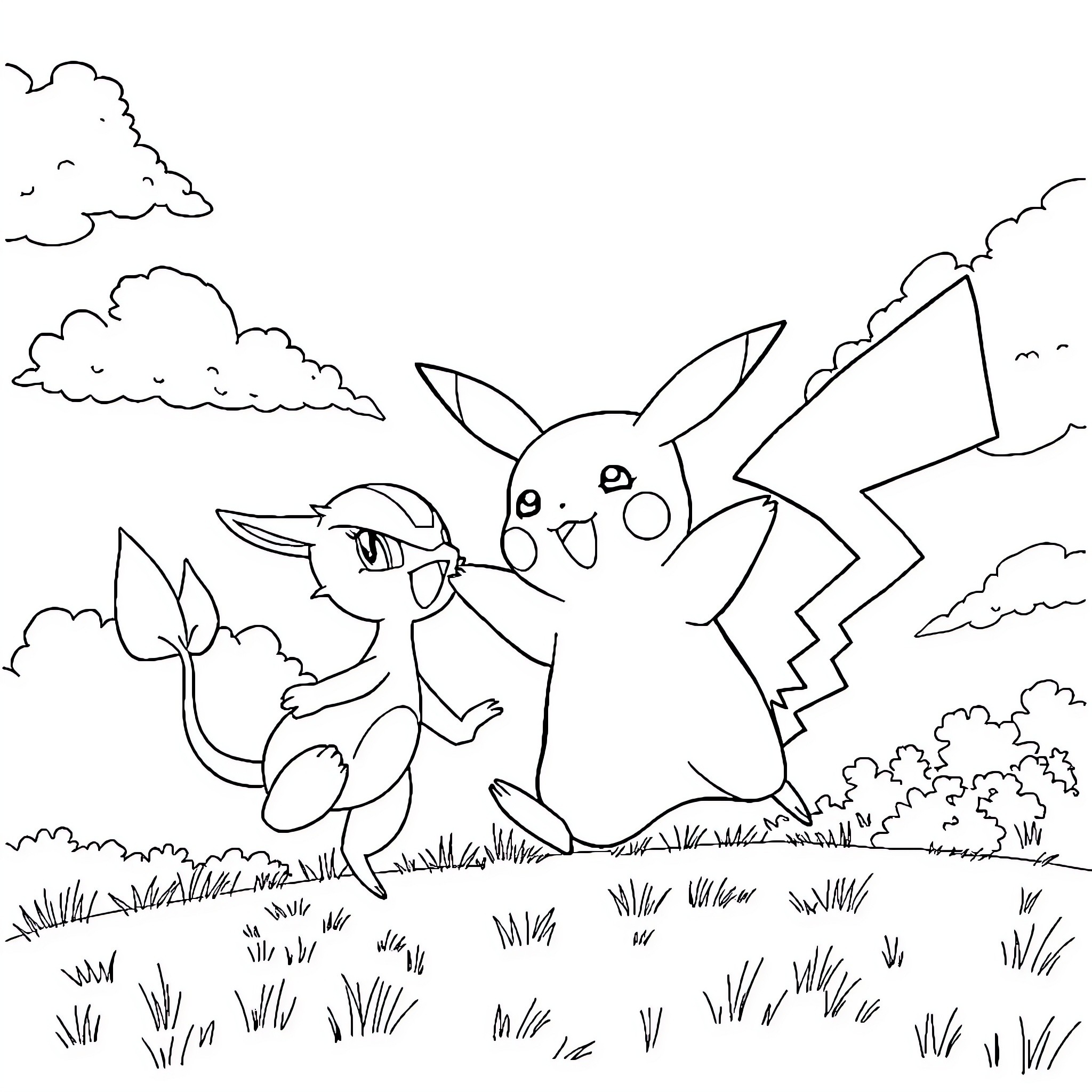 Pikachu playing with fellow Pokemon in the meadow Coloring Page (free black-and-white line drawing printable PDF for all, from beginners to advanced learners, including children, teens, adults, and seniors)