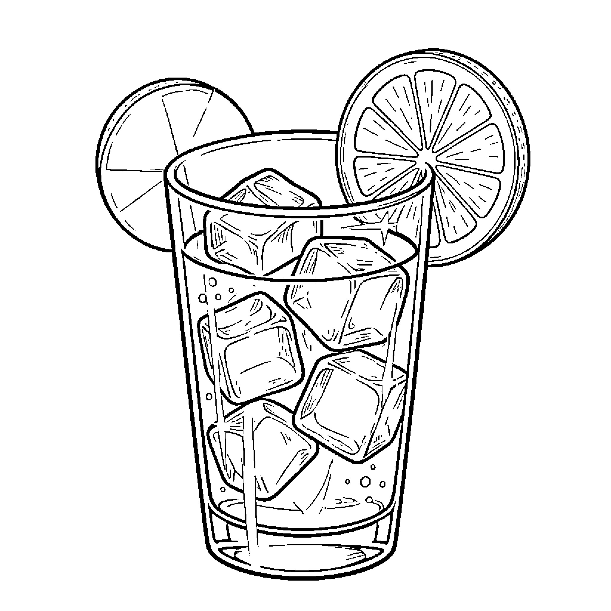 Ice Cube Refreshing Drink with Lemon Slice Coloring Page (free black-and-white line drawing printable PDF for all, from beginners to advanced learners, including children, teens, adults, and seniors)