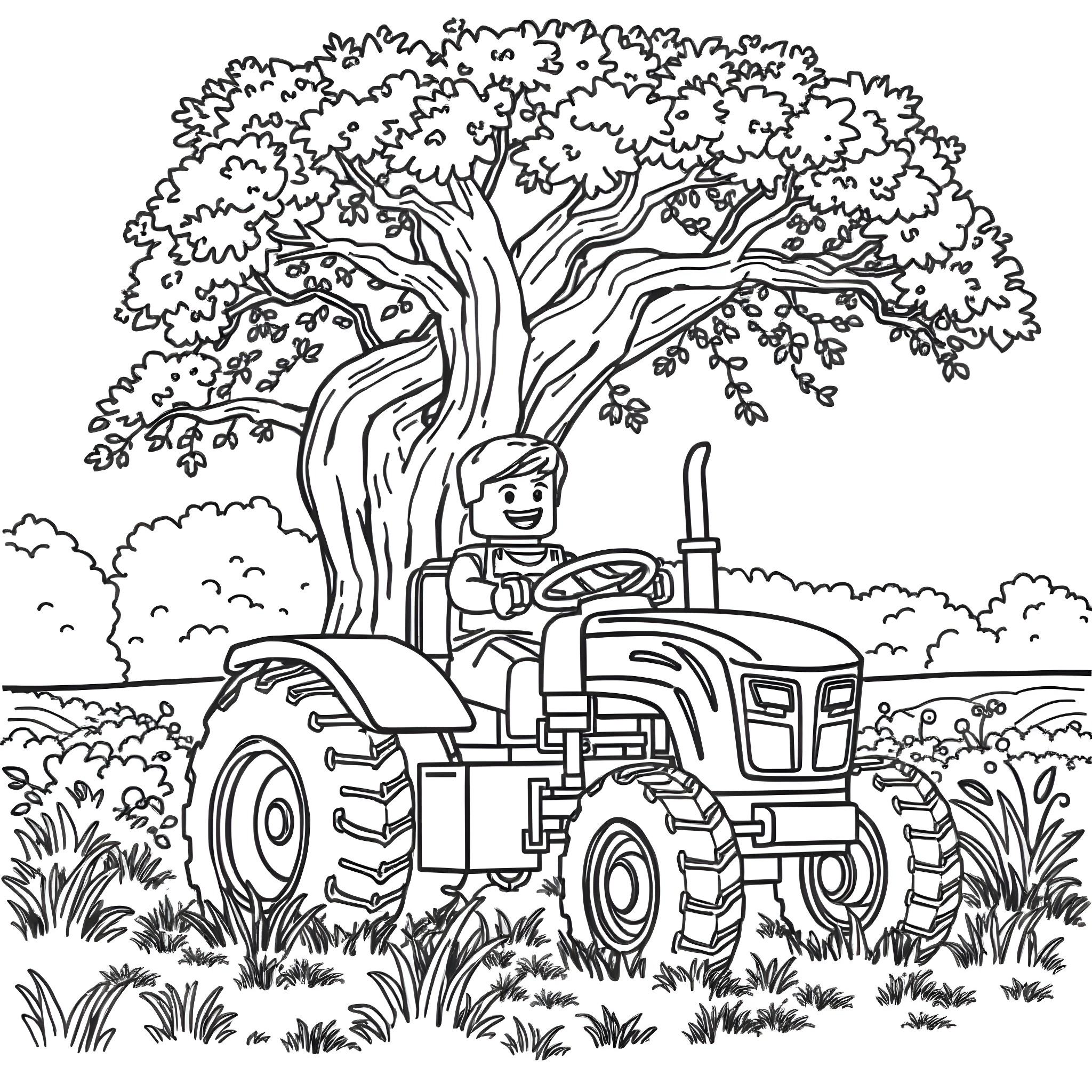 Lego Man driving a tractor in the countryside Coloring Page (free black-and-white line drawing printable PDF for all, from beginners to advanced learners, including children, teens, adults, and seniors)