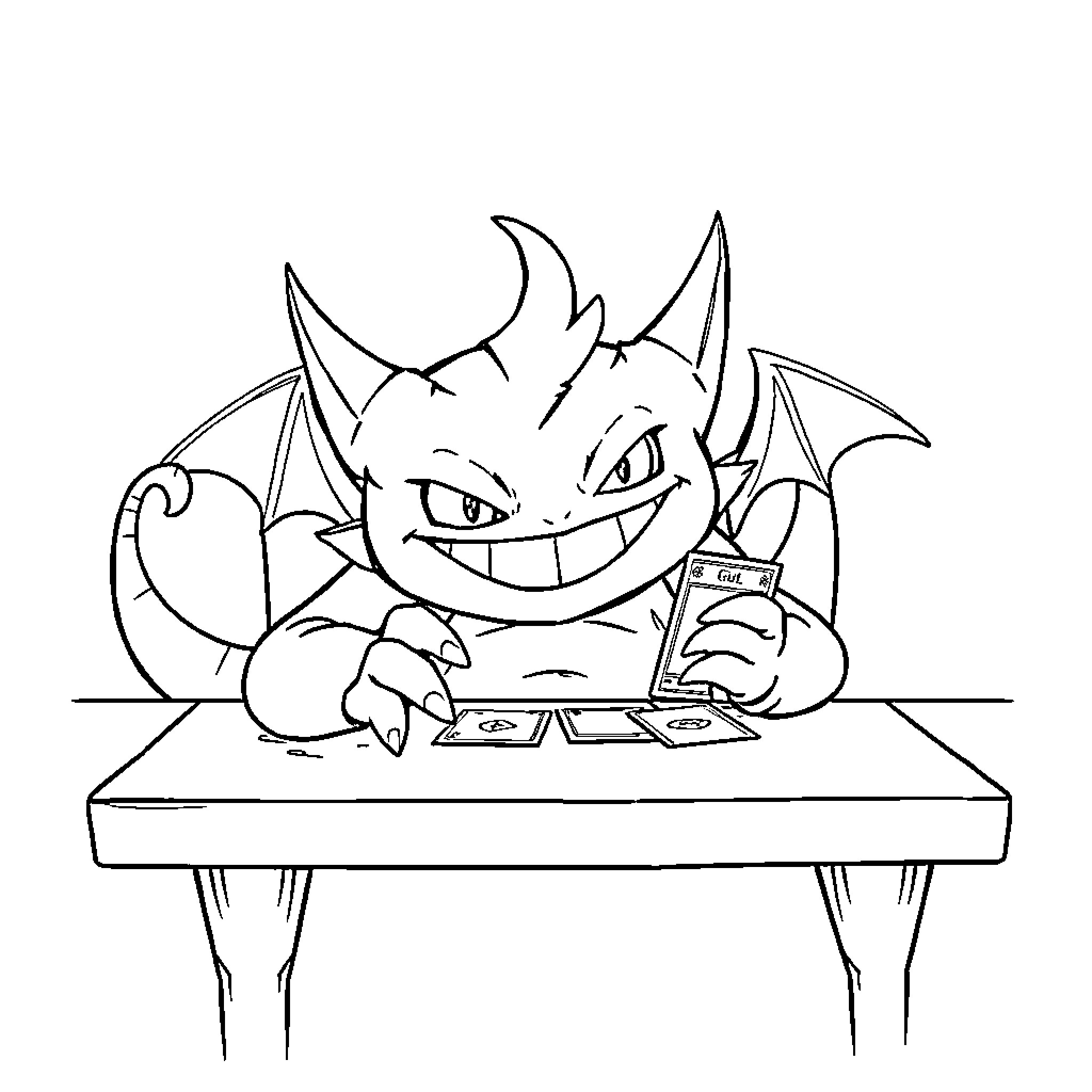 Gengar playing video games on a desk Coloring Page (free black-and-white line drawing printable PDF for all, from beginners to advanced learners, including children, teens, adults, and seniors)