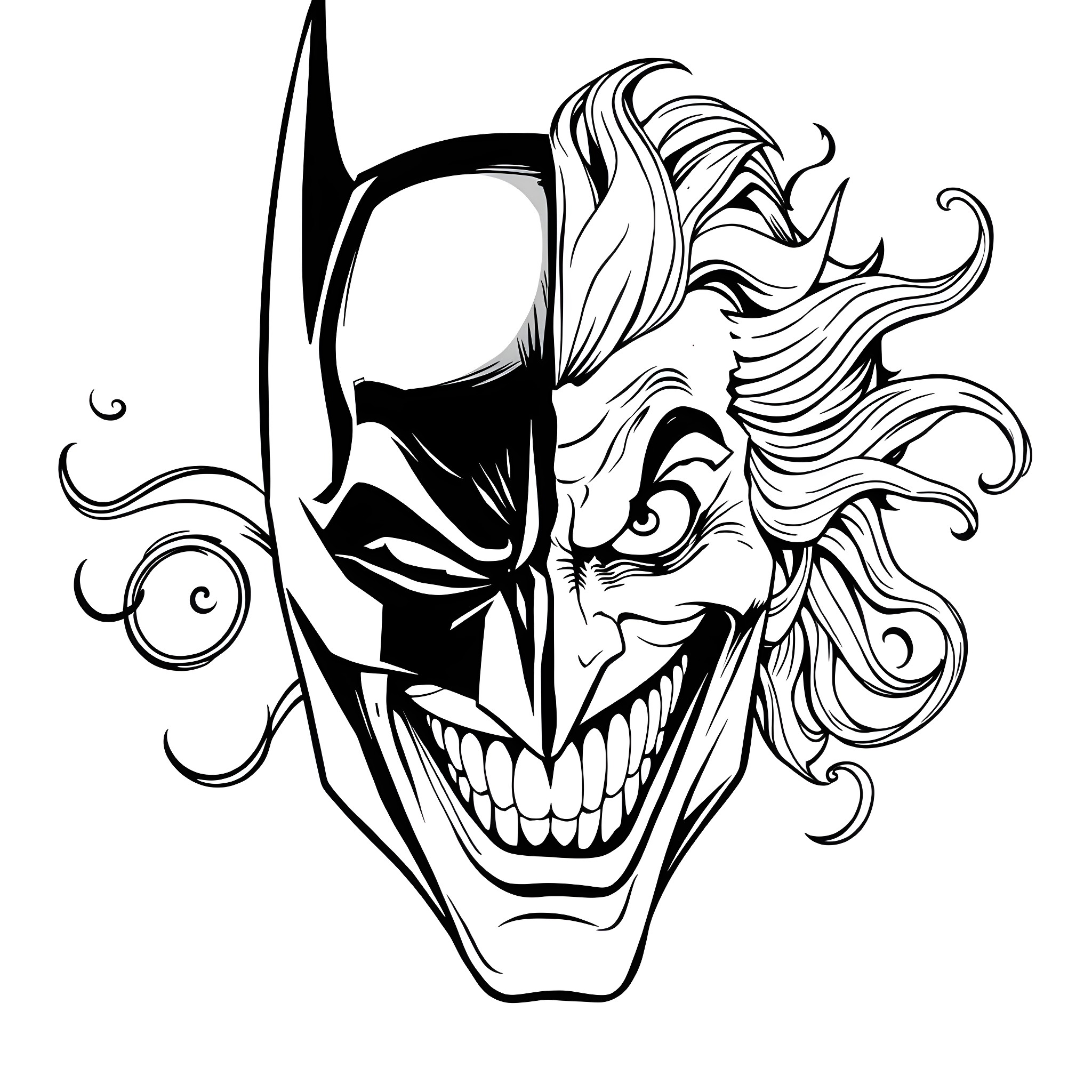 Batman Joker's Mischievous Grin Coloring Page (free black-and-white line drawing printable PDF for all, from beginners to advanced learners, including children, teens, adults, and seniors)