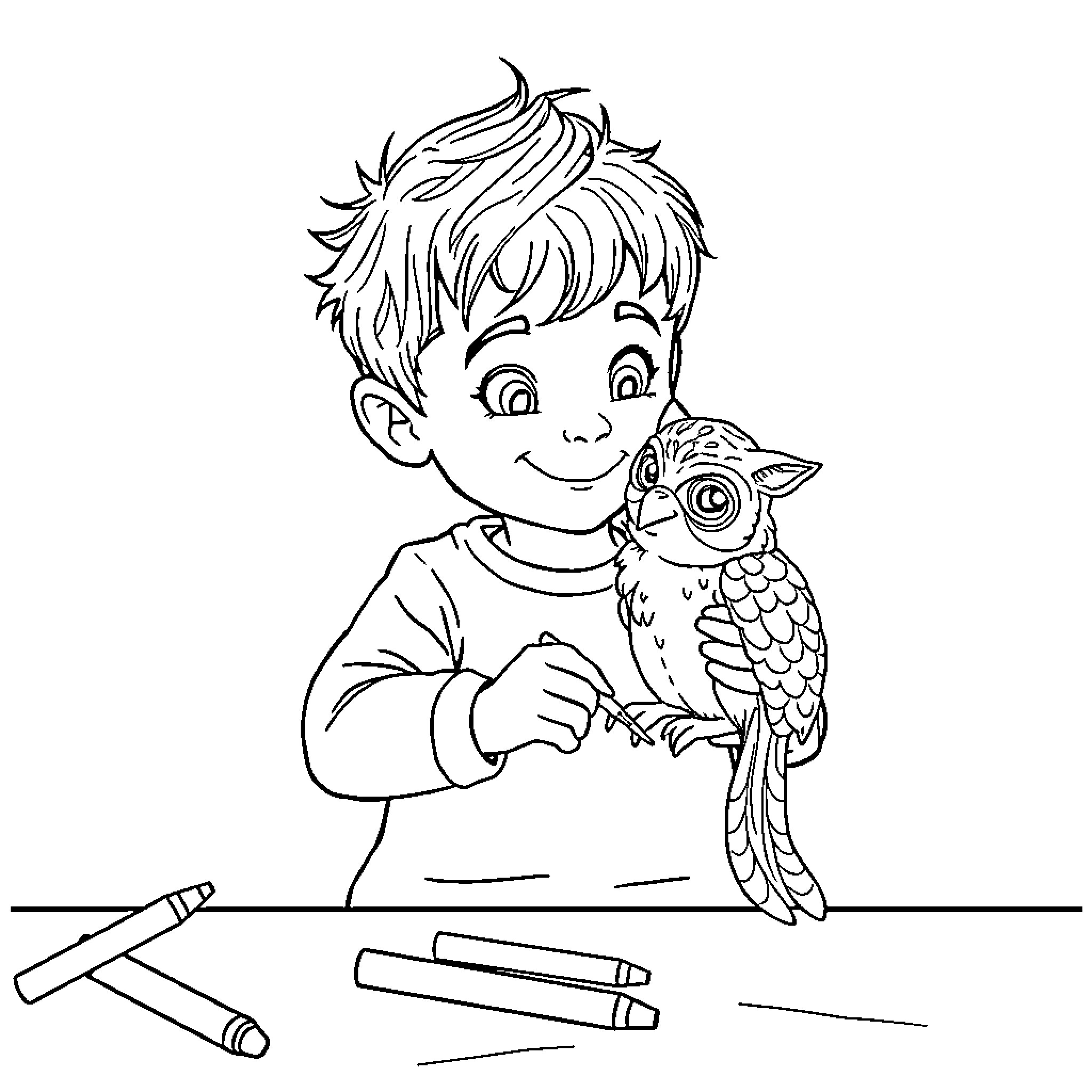 Niño playing happily with colorful bird Coloring Page (free black-and-white line drawing printable PDF for all, from beginners to advanced learners, including children, teens, adults, and seniors)