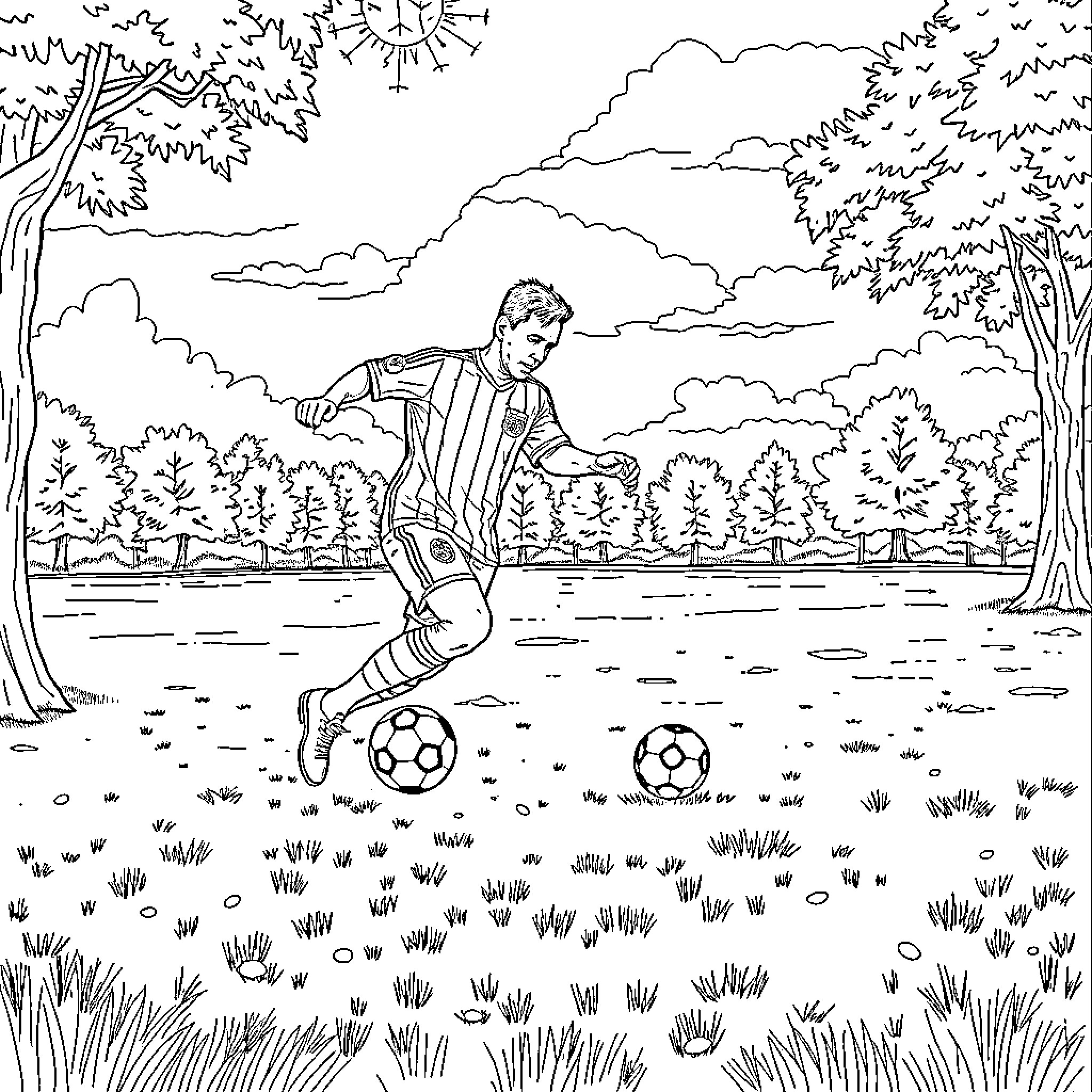 Messi playing soccer in a park landscape Coloring Page (free black-and-white line drawing printable PDF for all, from beginners to advanced learners, including children, teens, adults, and seniors)