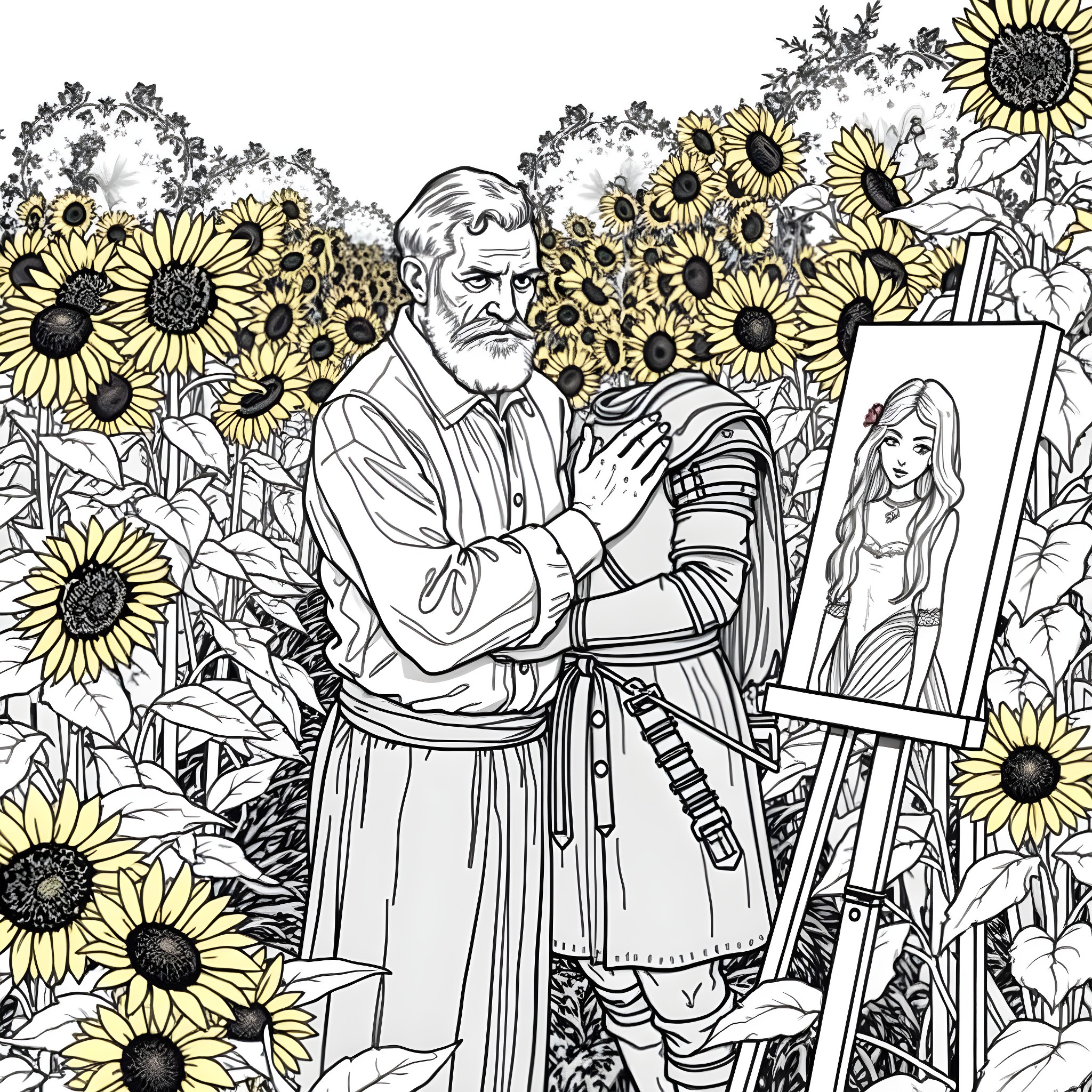 Van Gogh painting a sunflower portrait in a field Coloring Page (free black-and-white line drawing printable PDF for all, from beginners to advanced learners, including children, teens, adults, and seniors)