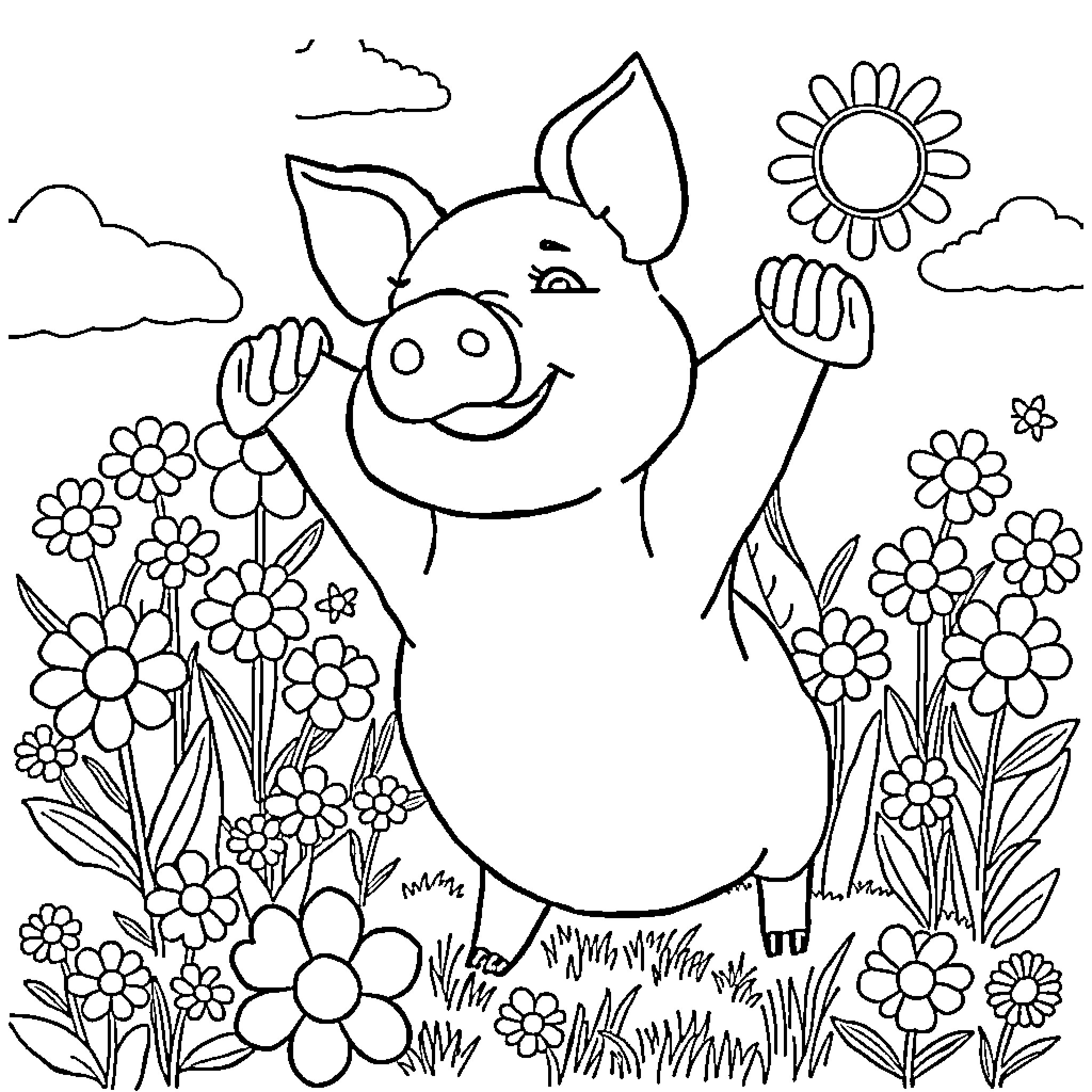 Pig Playing Happily in Flower Garden Coloring Page (free black-and-white line drawing printable PDF for all, from beginners to advanced learners, including children, teens, adults, and seniors)