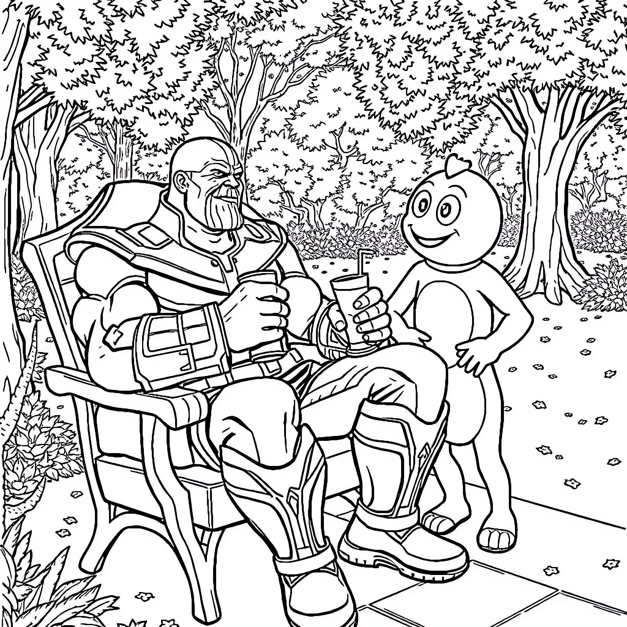 Thanos Relaxes with a Friendly Creature in the Forest Coloring Page (free black-and-white line drawing printable PDF for all, from beginners to advanced learners, including children, teens, adults, and seniors)