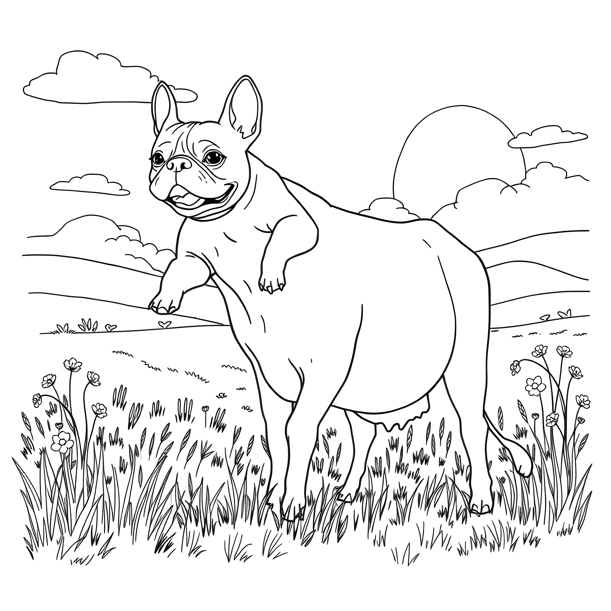 French Bulldog exploring a grassy field Coloring Page (free black-and-white line drawing printable PDF for all, from beginners to advanced learners, including children, teens, adults, and seniors)
